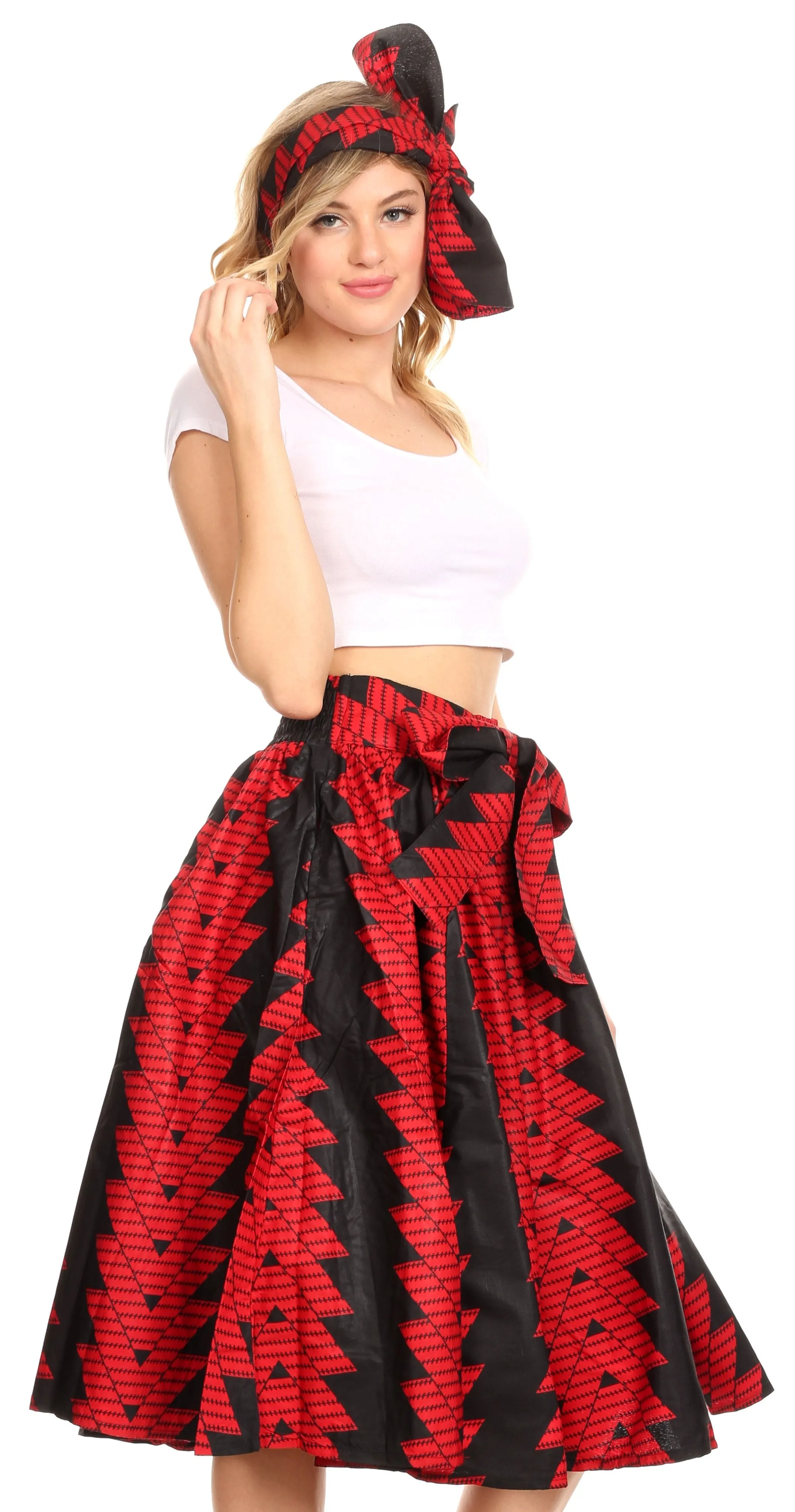 Sakkas Ama Women's Vintage Circle African Ankara Print Midi Skirt with Pockets