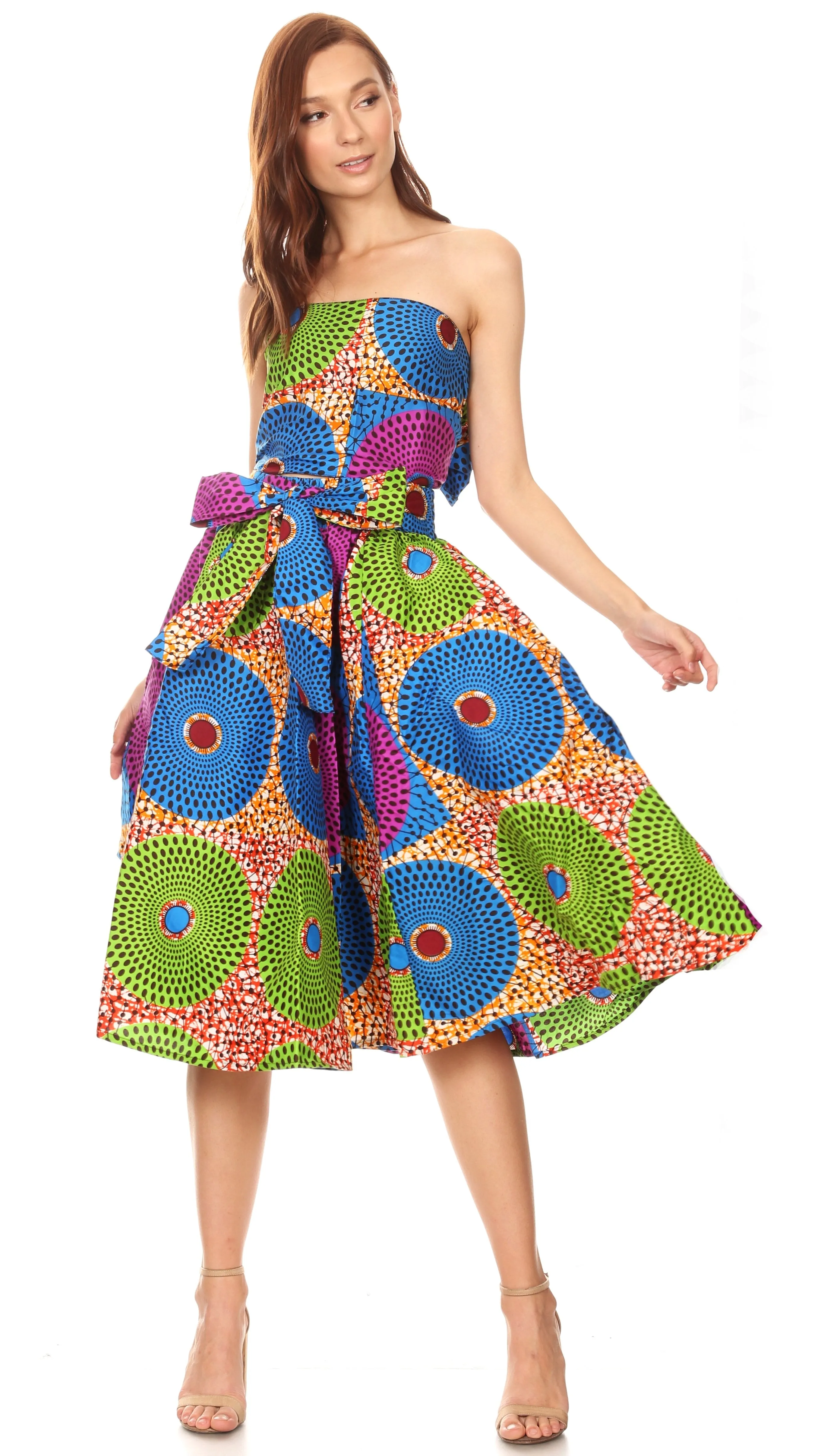 Sakkas Ama Women's Vintage Circle African Ankara Print Midi Skirt with Pockets