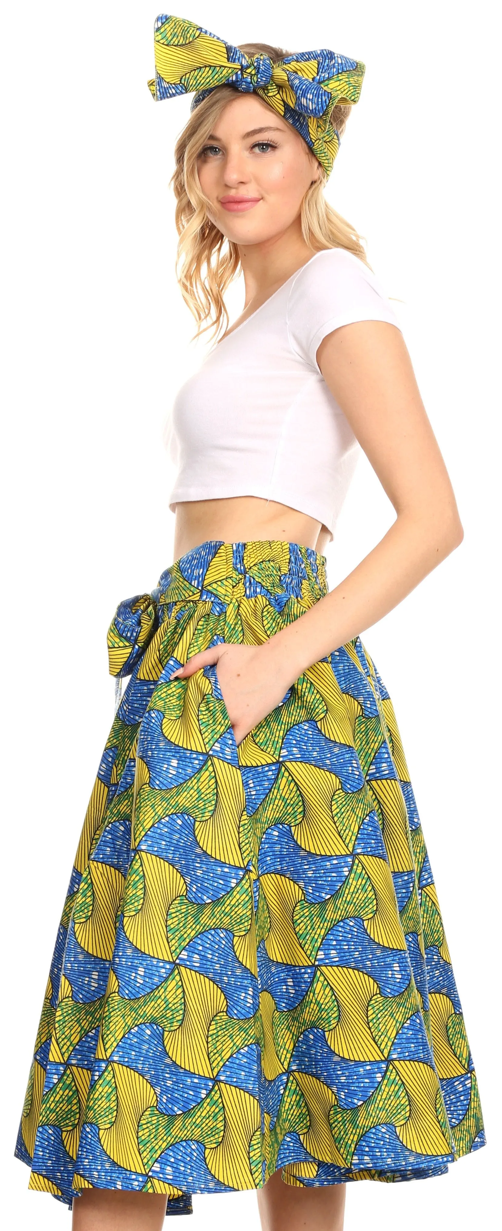 Sakkas Ama Women's Vintage Circle African Ankara Print Midi Skirt with Pockets