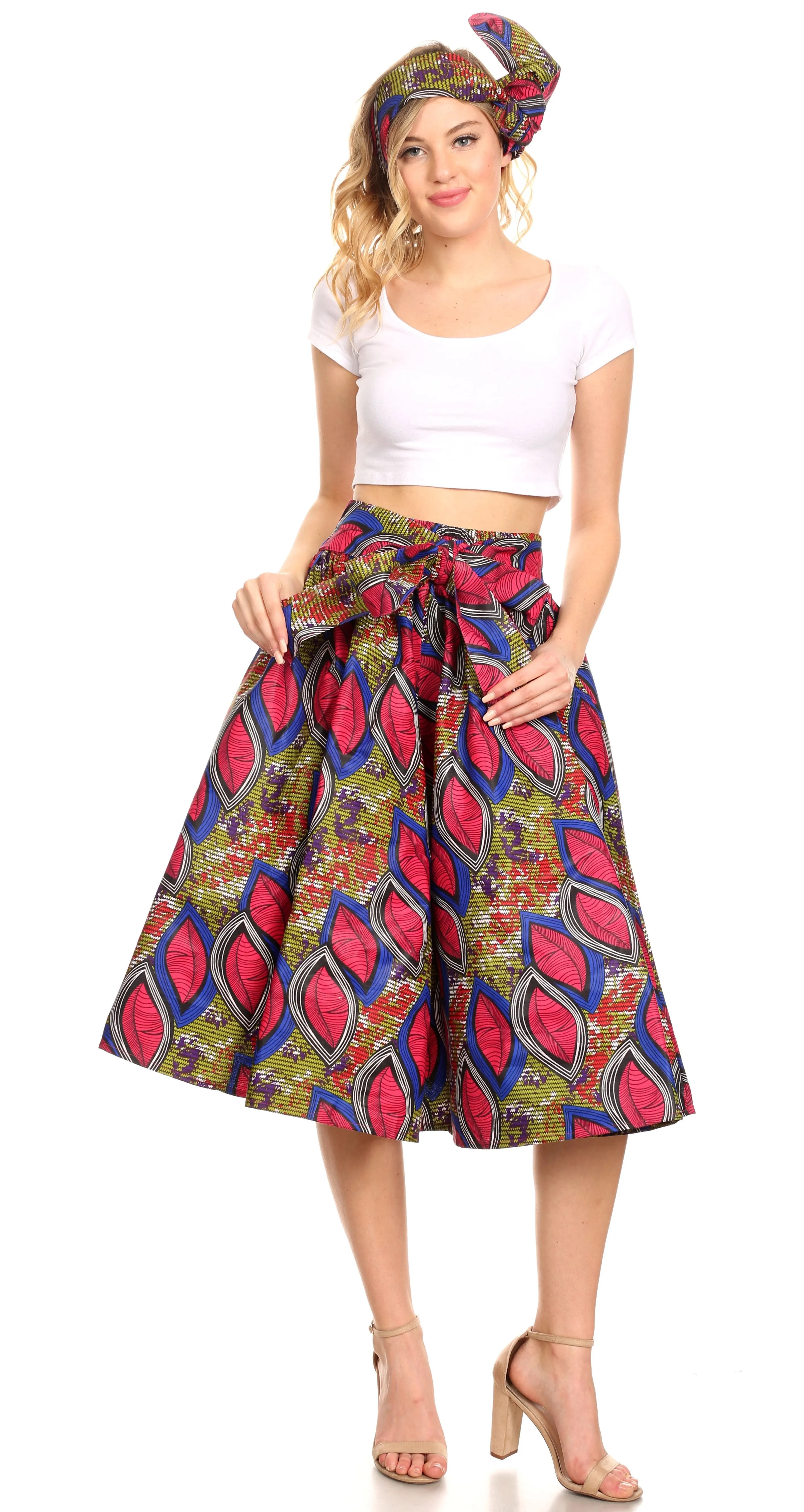 Sakkas Ama Women's Vintage Circle African Ankara Print Midi Skirt with Pockets