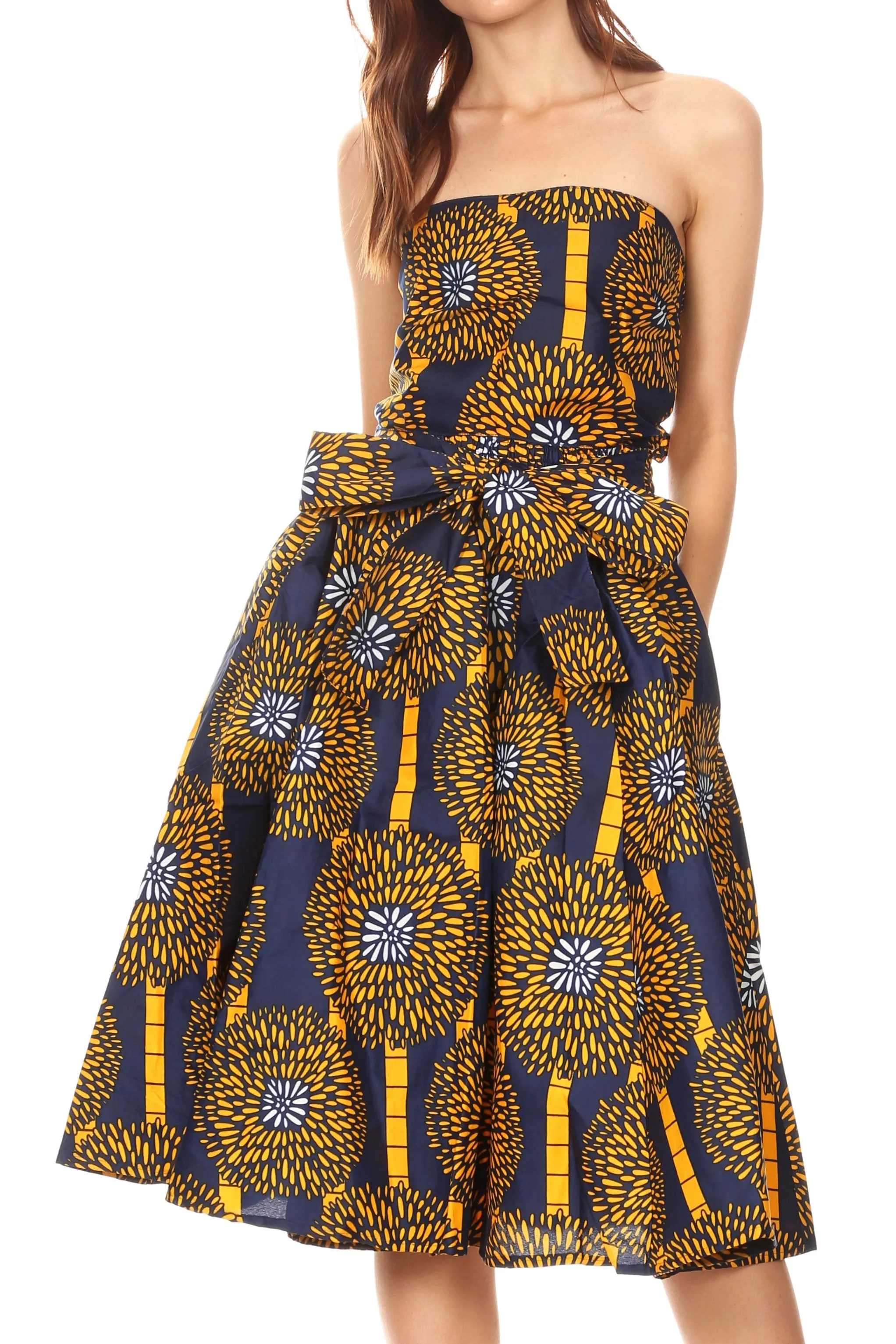 Sakkas Ama Women's Vintage Circle African Ankara Print Midi Skirt with Pockets