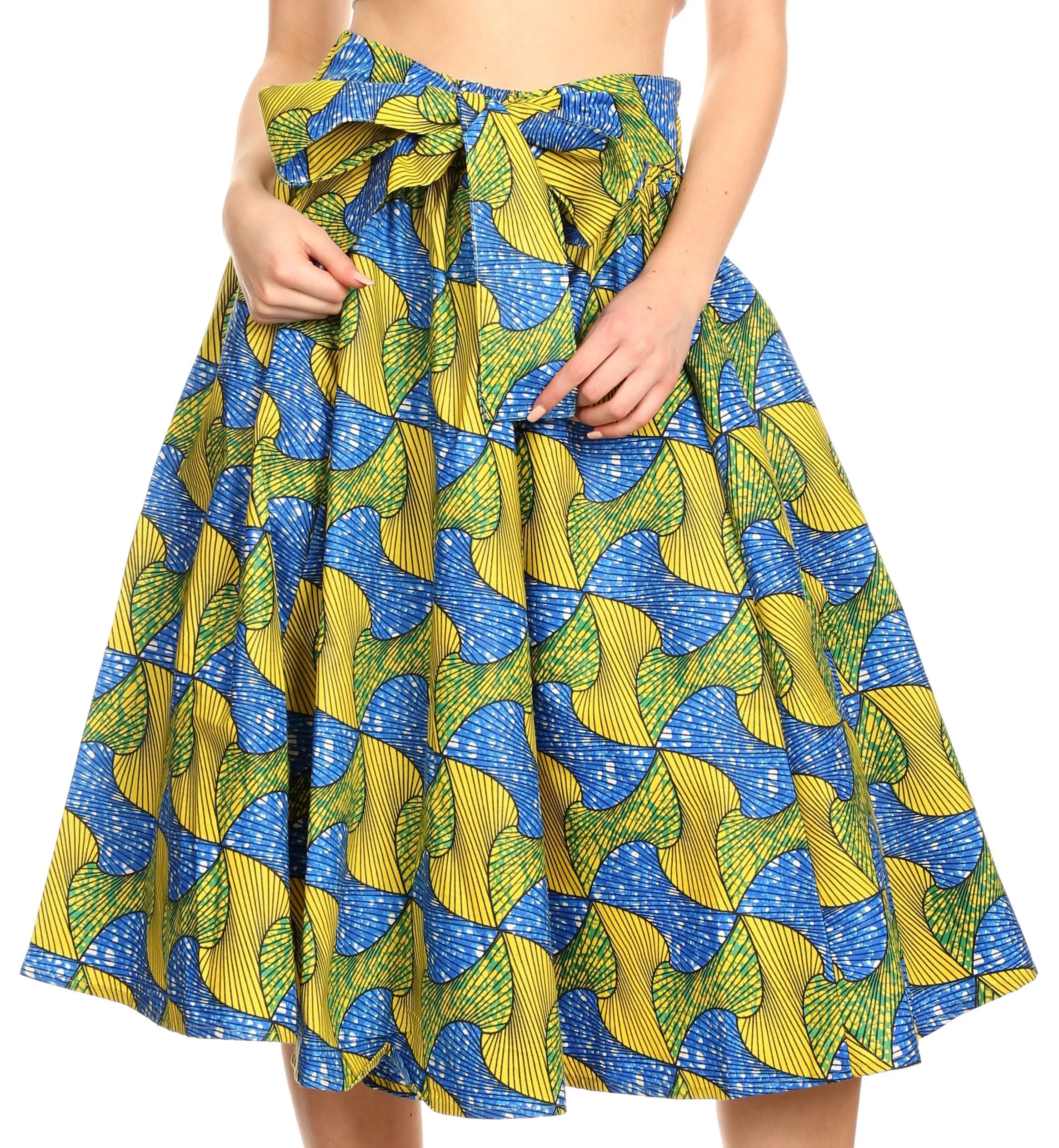 Sakkas Ama Women's Vintage Circle African Ankara Print Midi Skirt with Pockets