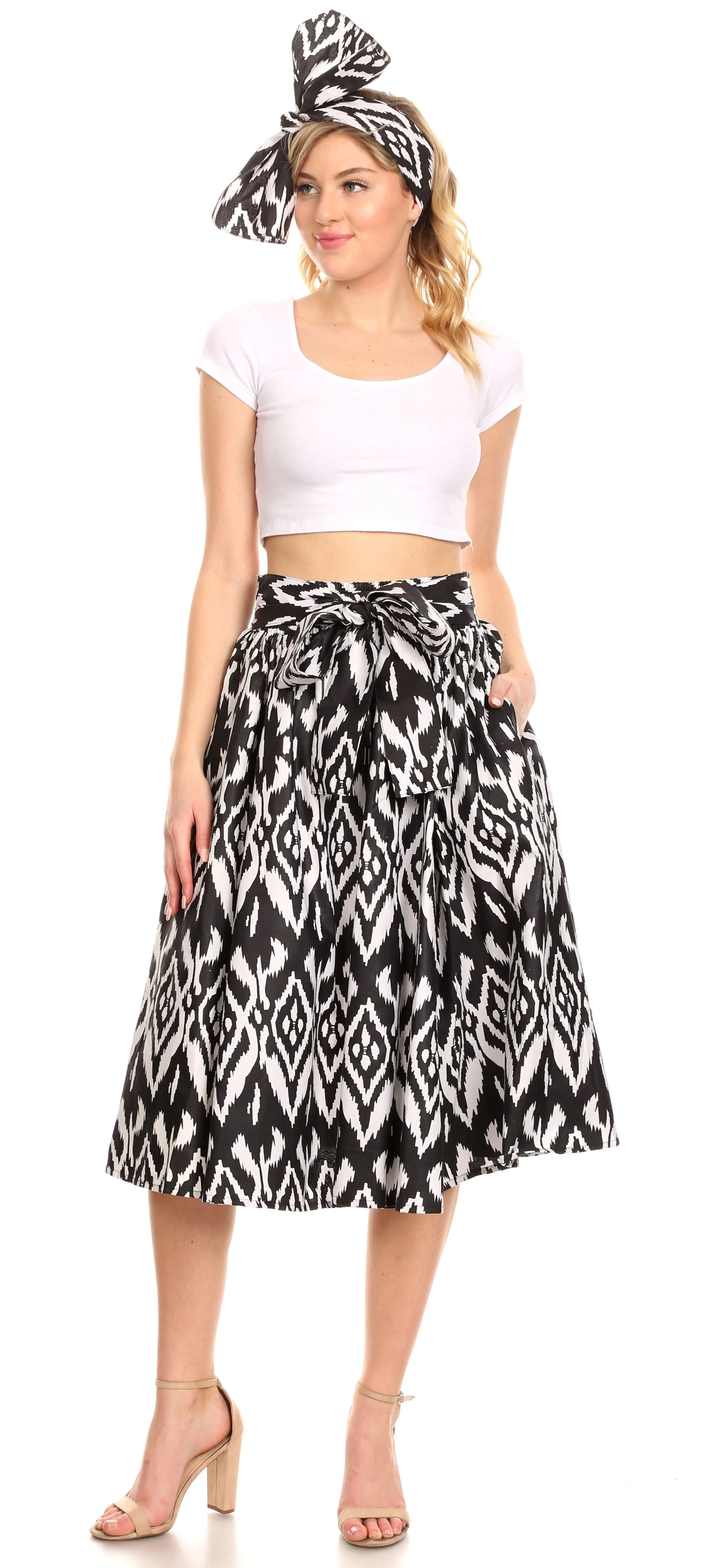 Sakkas Ama Women's Vintage Circle African Ankara Print Midi Skirt with Pockets