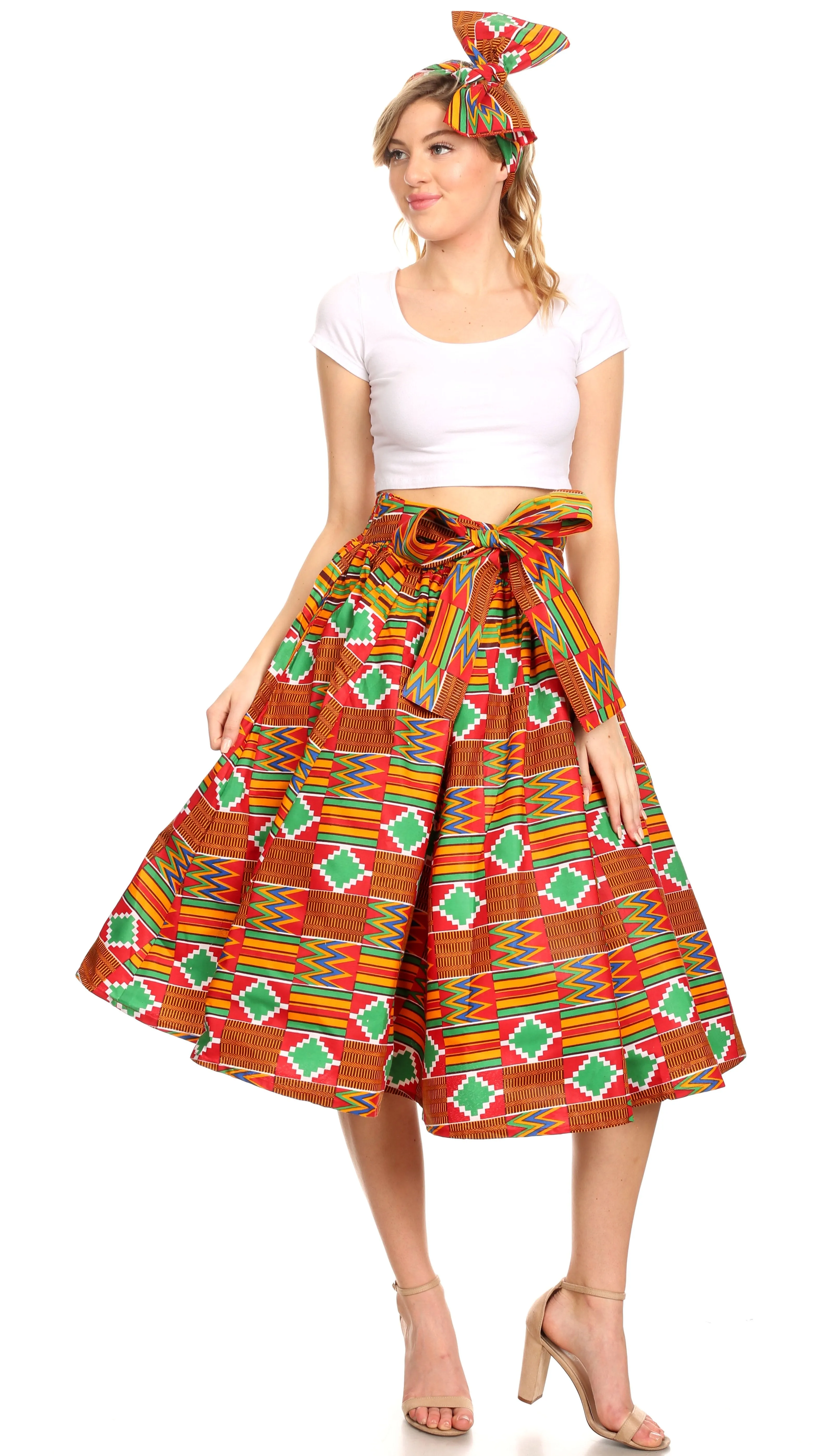 Sakkas Ama Women's Vintage Circle African Ankara Print Midi Skirt with Pockets