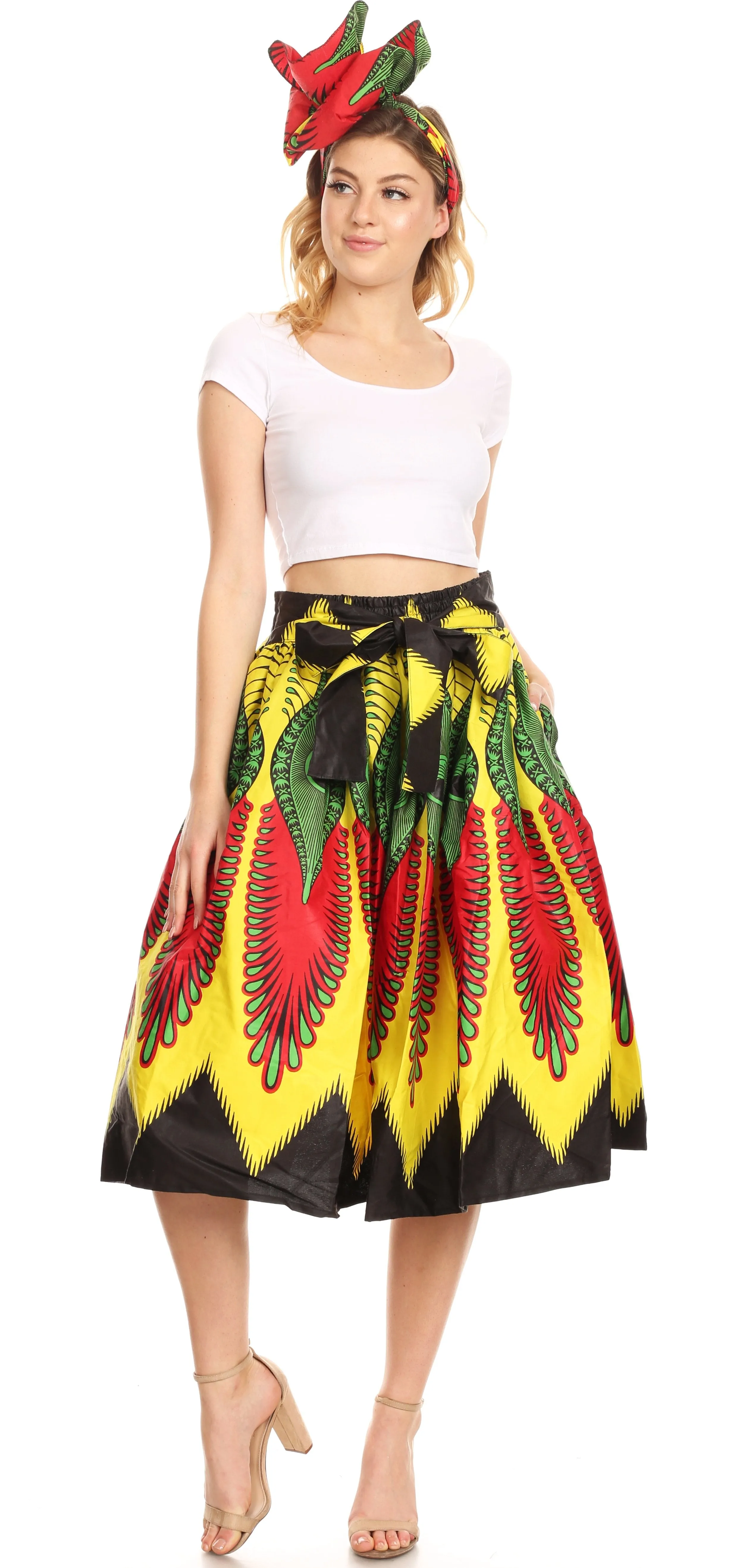 Sakkas Ama Women's Vintage Circle African Ankara Print Midi Skirt with Pockets