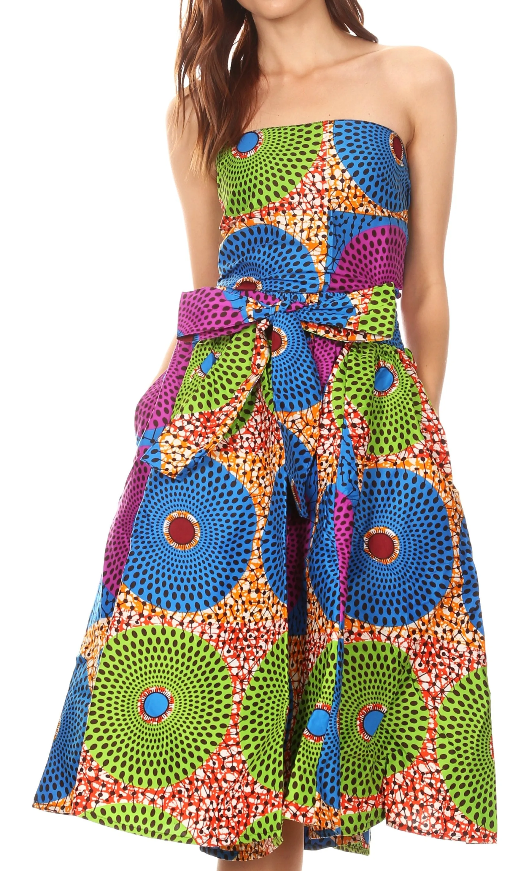 Sakkas Ama Women's Vintage Circle African Ankara Print Midi Skirt with Pockets