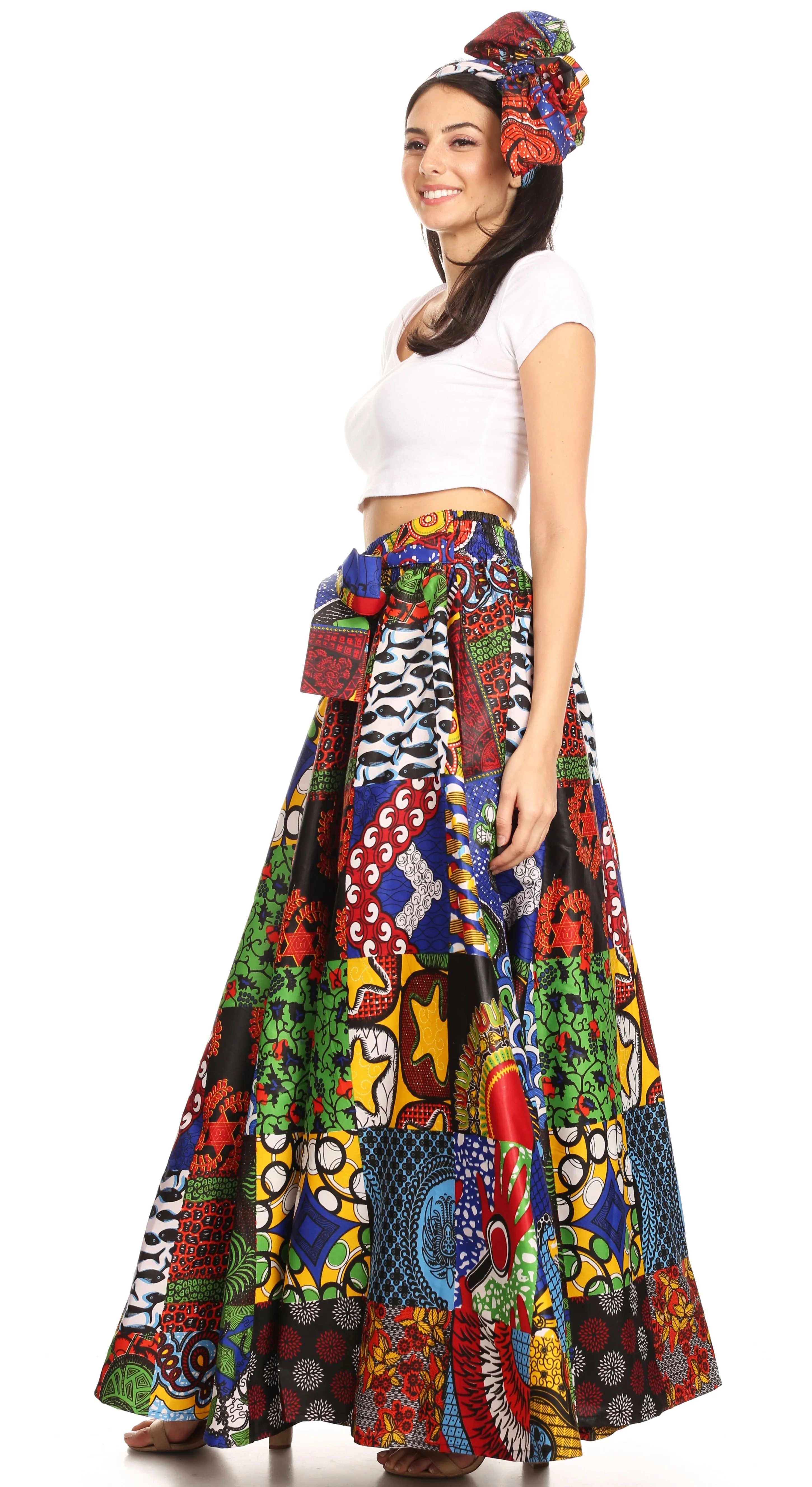 Sakkas Ami Women's Maxi Long African Ankara Print Skirt Pockets & Elastic Waist