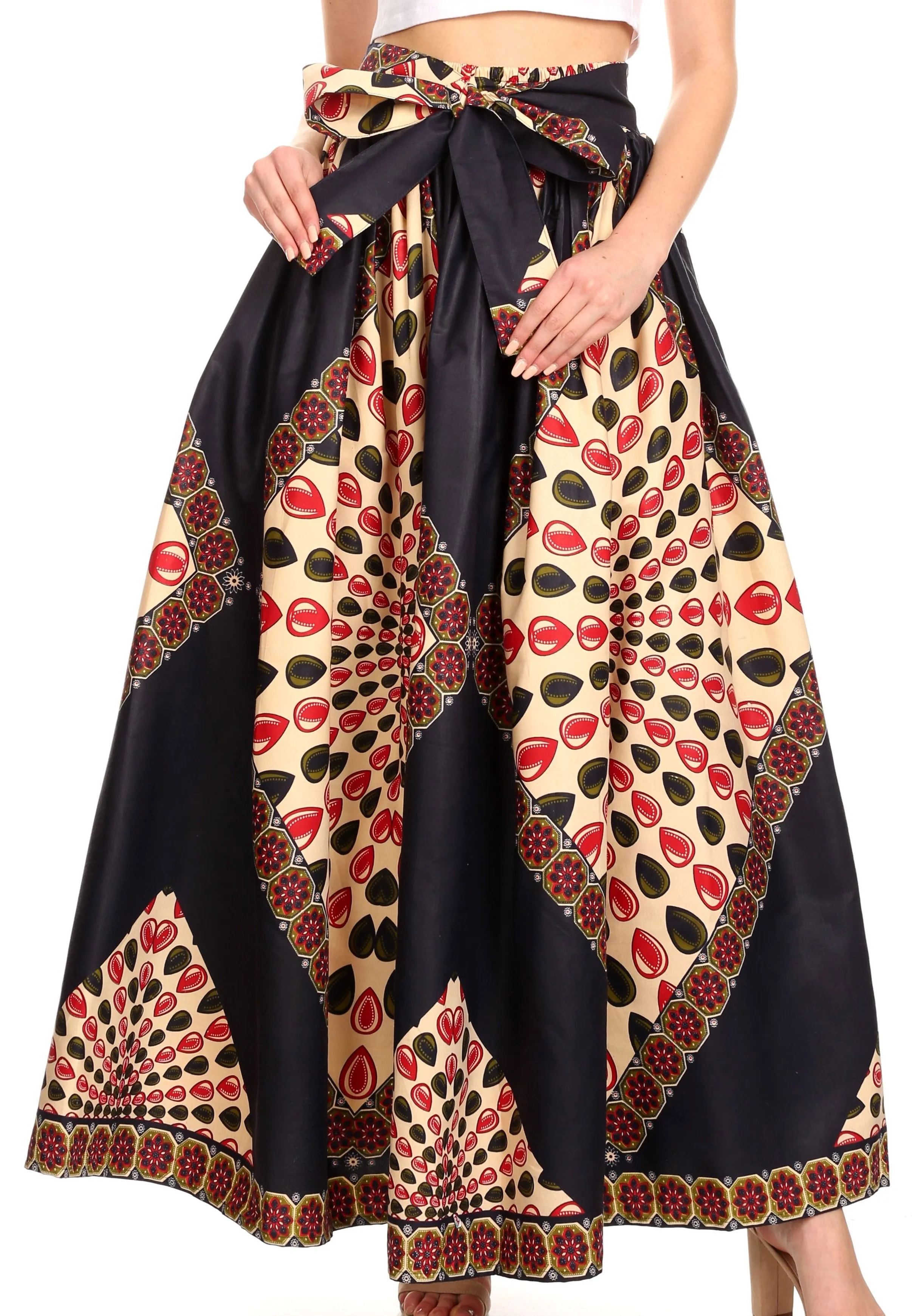 Sakkas Ami Women's Maxi Long African Ankara Print Skirt Pockets & Elastic Waist