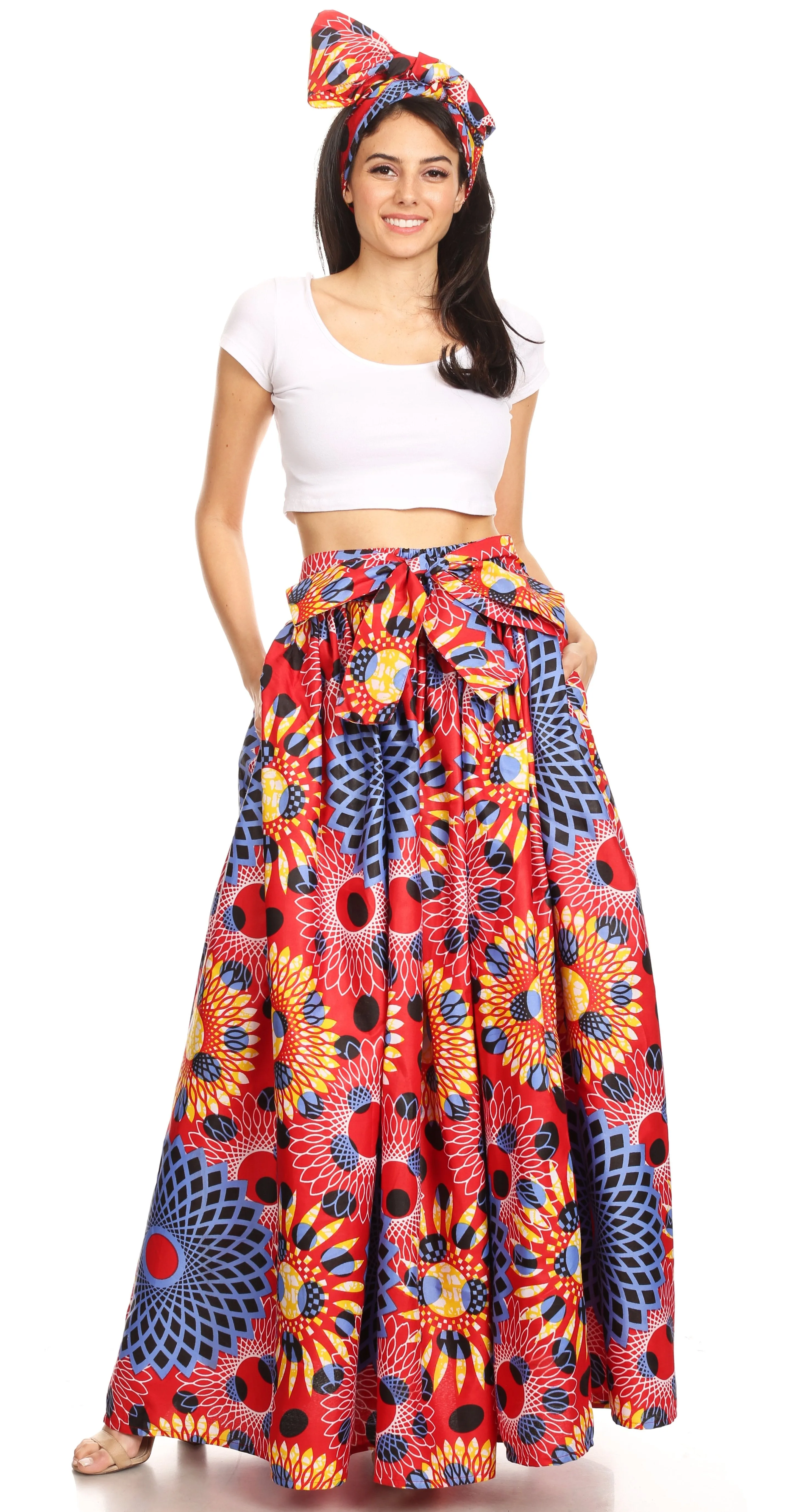 Sakkas Ami Women's Maxi Long African Ankara Print Skirt Pockets & Elastic Waist