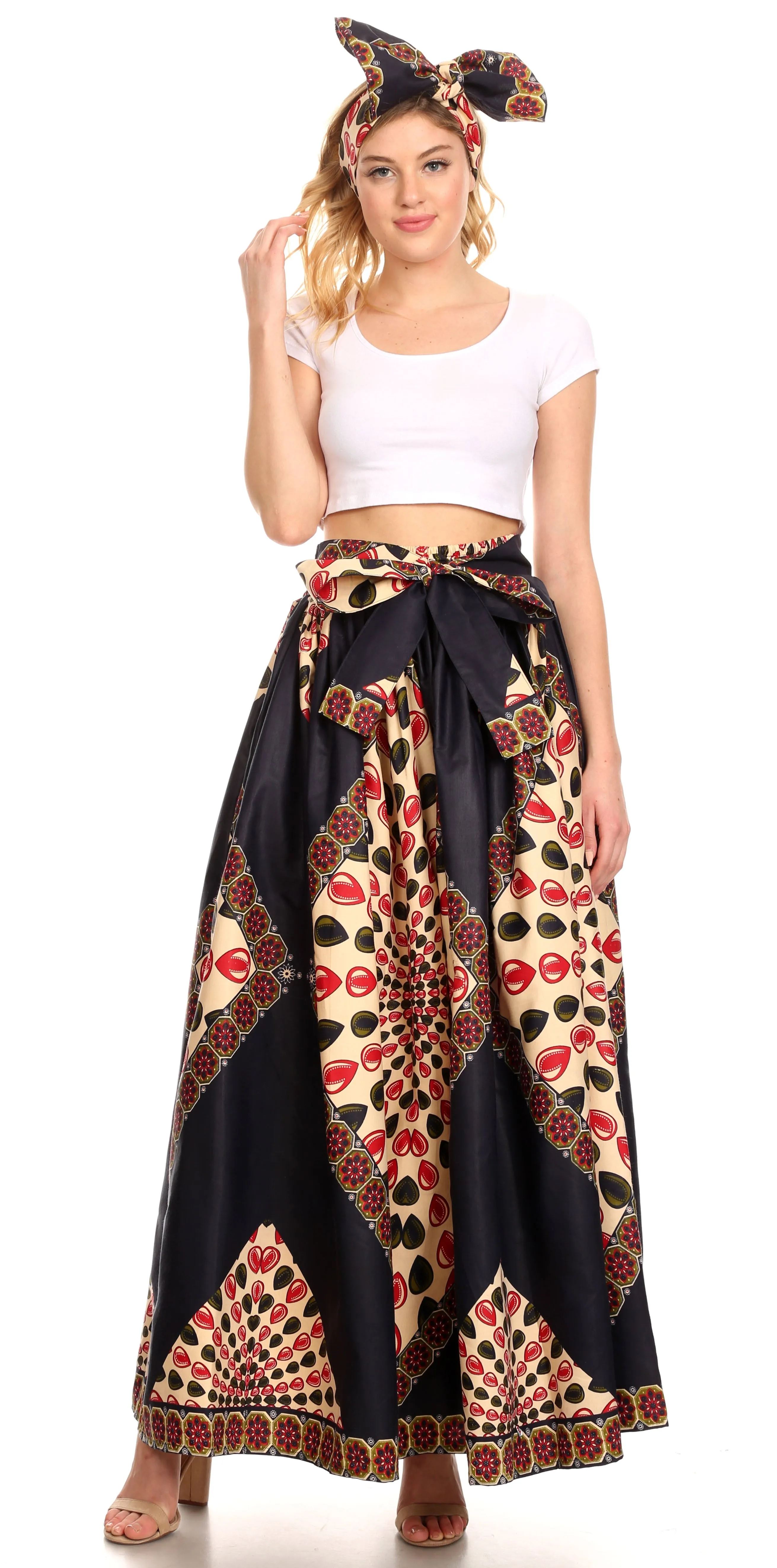 Sakkas Ami Women's Maxi Long African Ankara Print Skirt Pockets & Elastic Waist