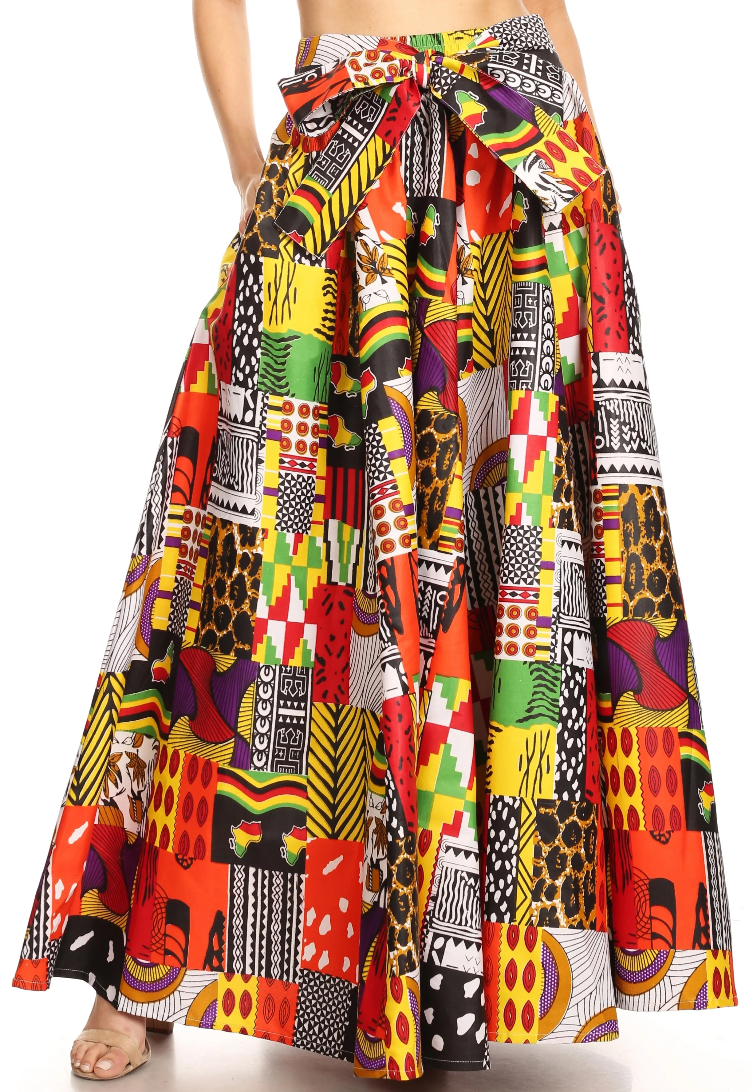 Sakkas Ami Women's Maxi Long African Ankara Print Skirt Pockets & Elastic Waist