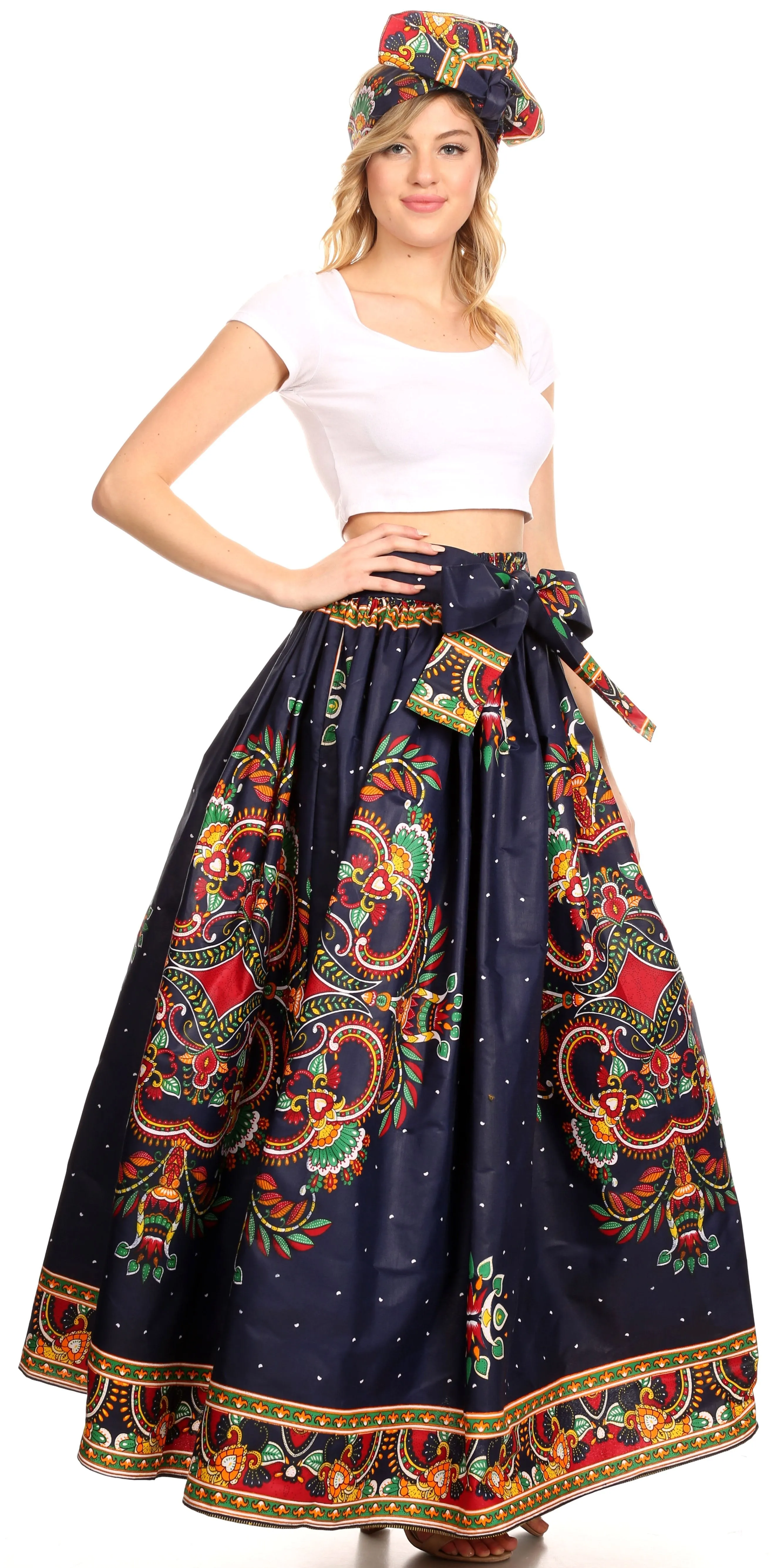 Sakkas Ami Women's Maxi Long African Ankara Print Skirt Pockets & Elastic Waist