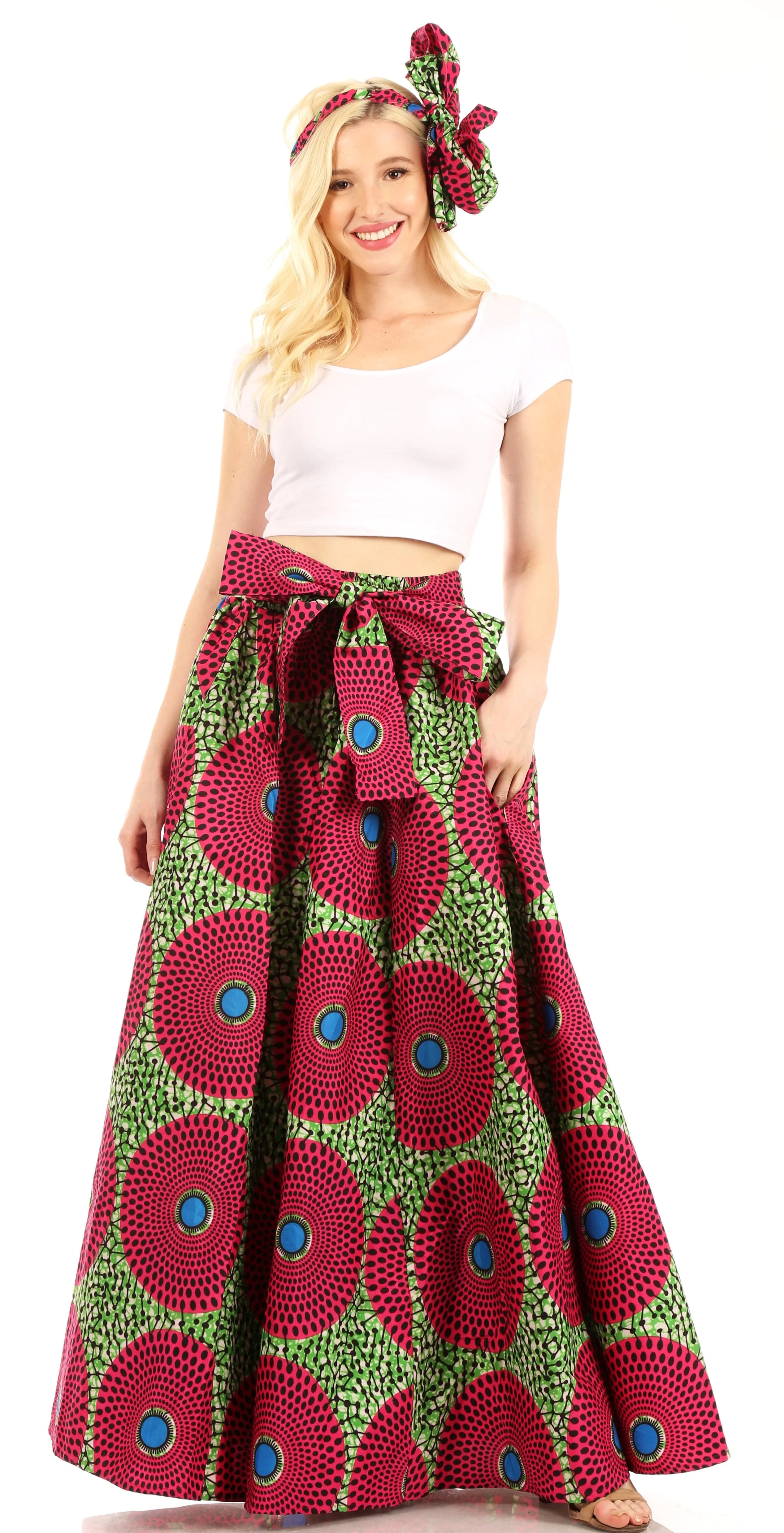 Sakkas Ami Women's Maxi Long African Ankara Print Skirt Pockets & Elastic Waist