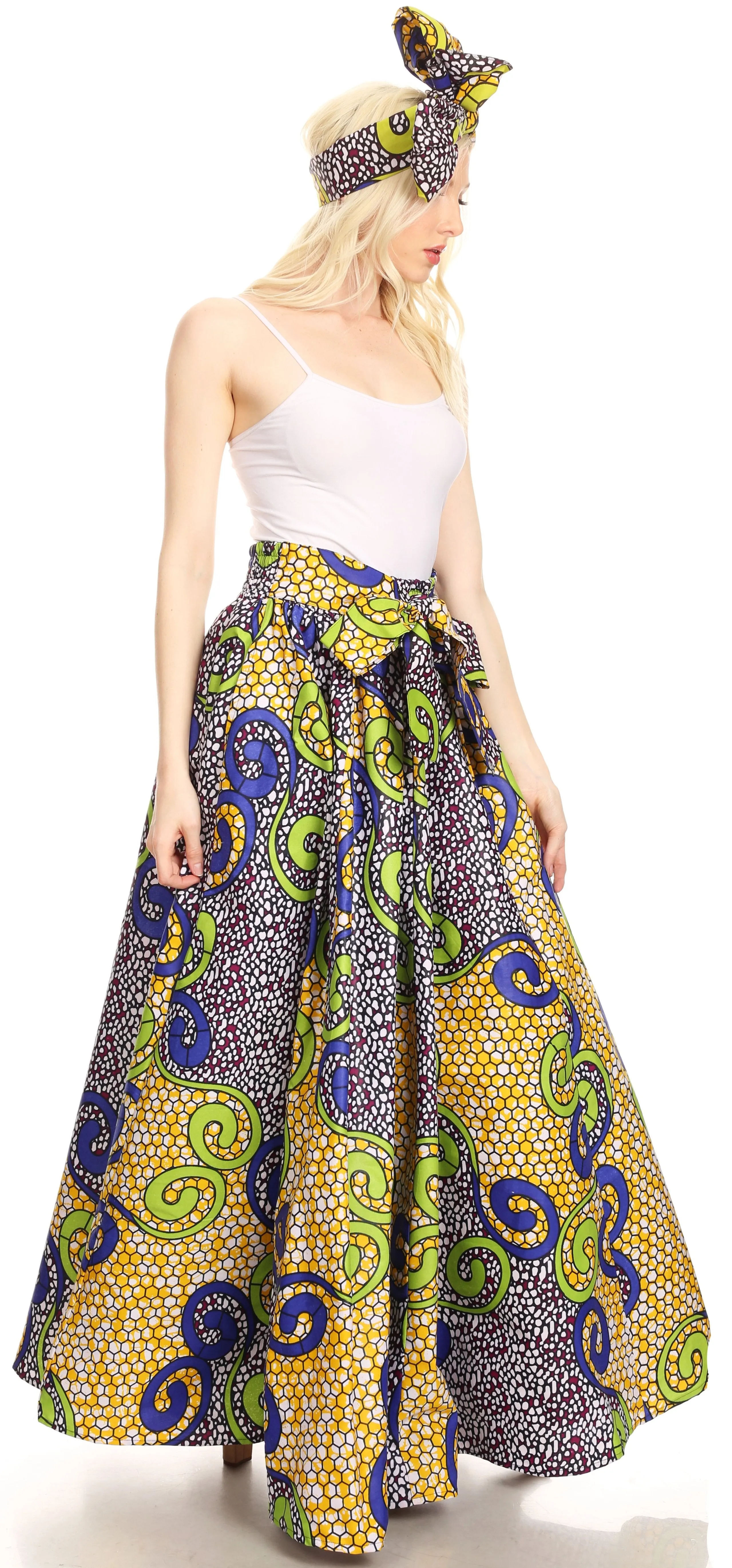 Sakkas Ami Women's Maxi Long African Ankara Print Skirt Pockets & Elastic Waist