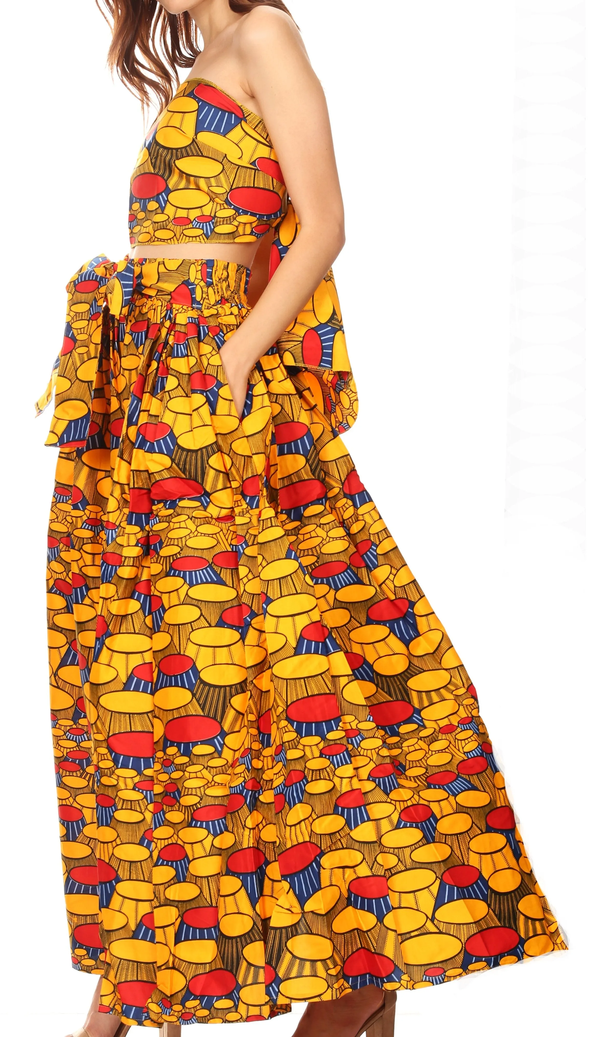 Sakkas Ami Women's Maxi Long African Ankara Print Skirt Pockets & Elastic Waist