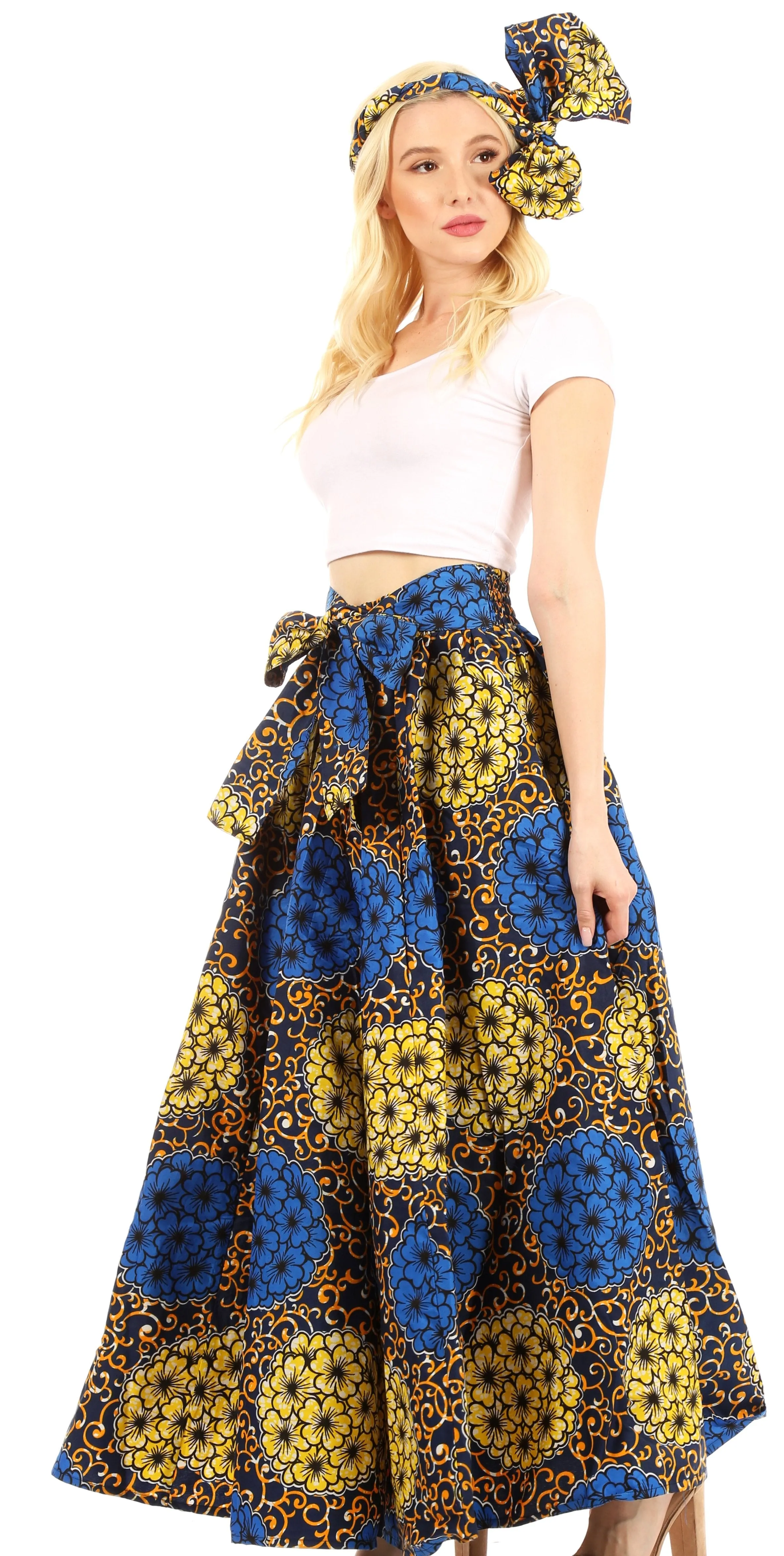 Sakkas Ami Women's Maxi Long African Ankara Print Skirt Pockets & Elastic Waist