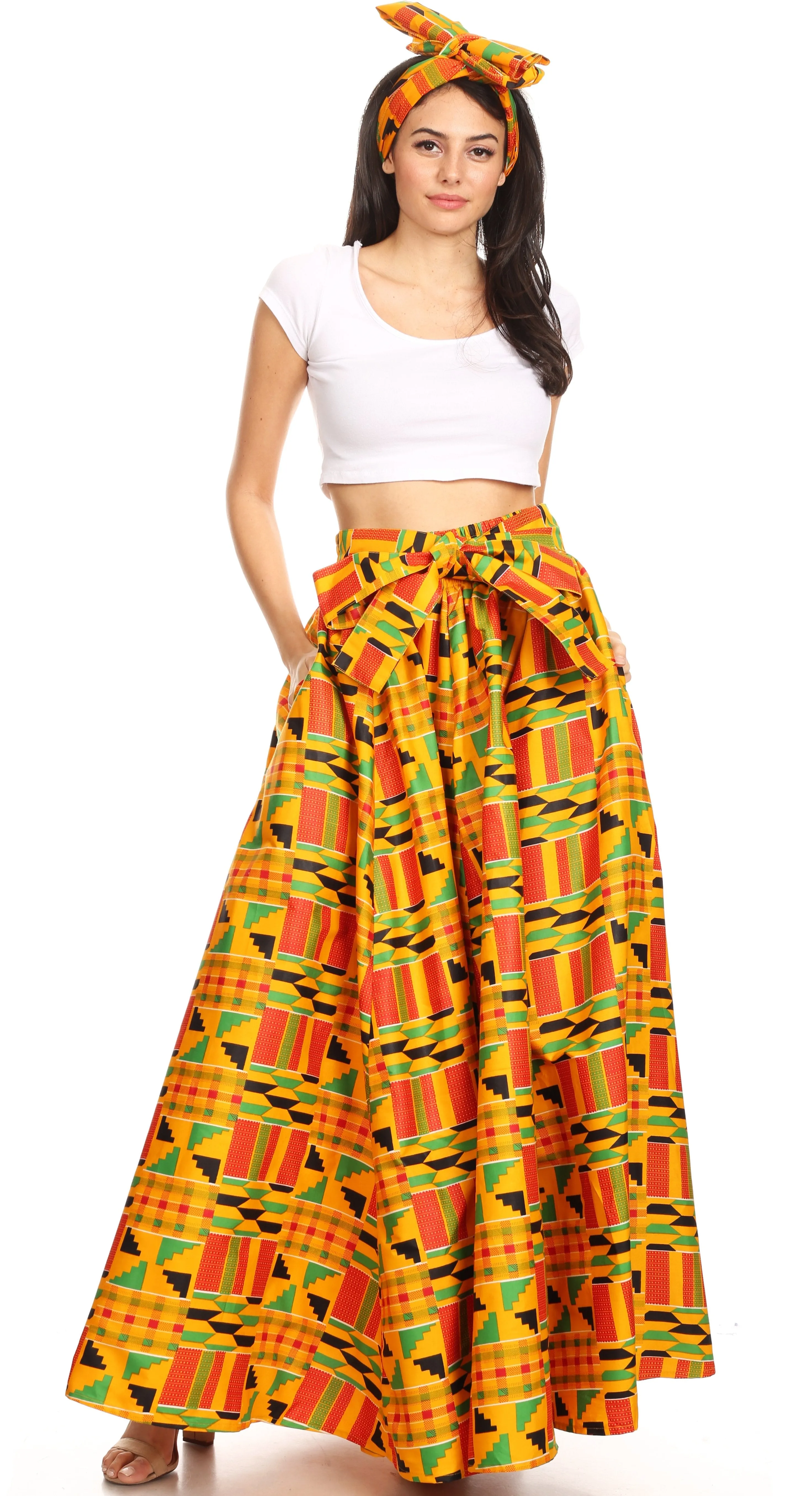 Sakkas Ami Women's Maxi Long African Ankara Print Skirt Pockets & Elastic Waist