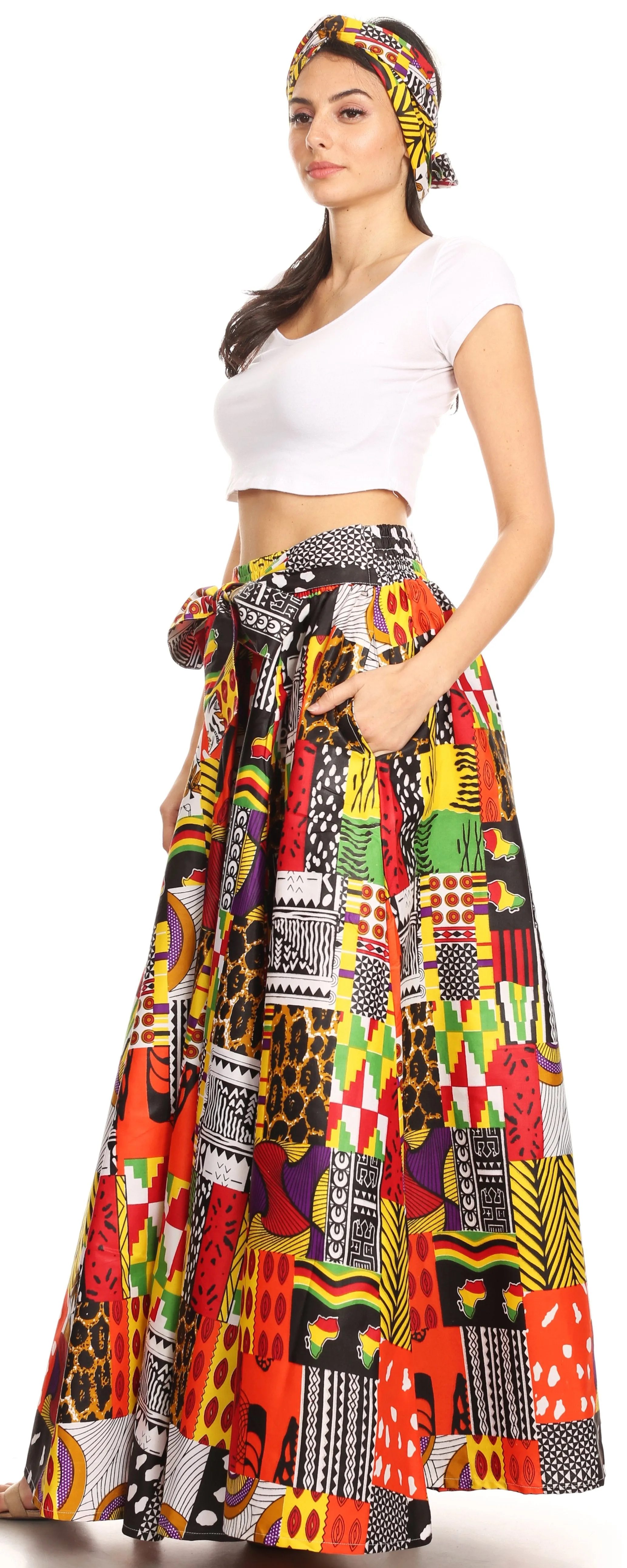 Sakkas Ami Women's Maxi Long African Ankara Print Skirt Pockets & Elastic Waist