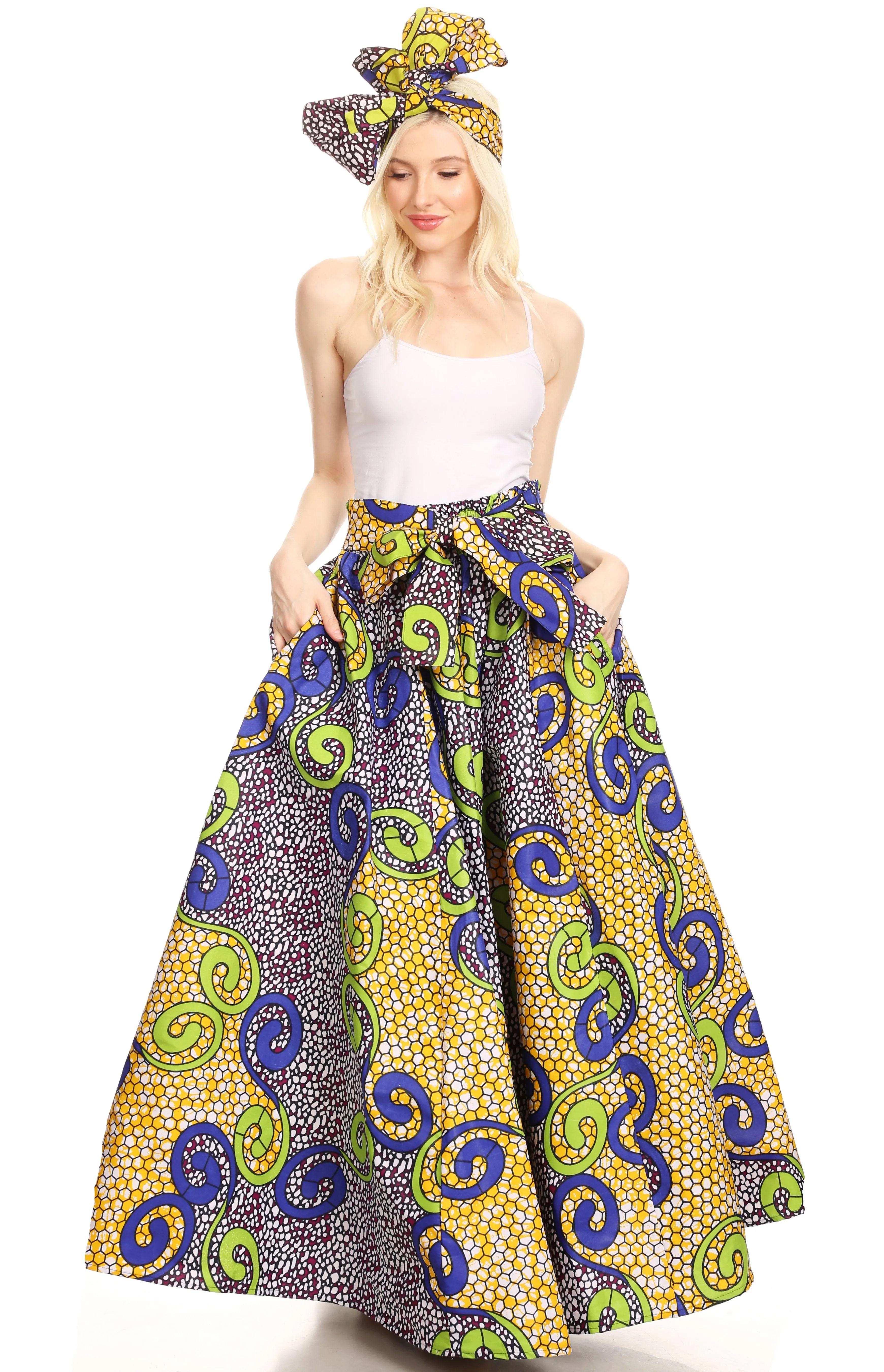 Sakkas Ami Women's Maxi Long African Ankara Print Skirt Pockets & Elastic Waist