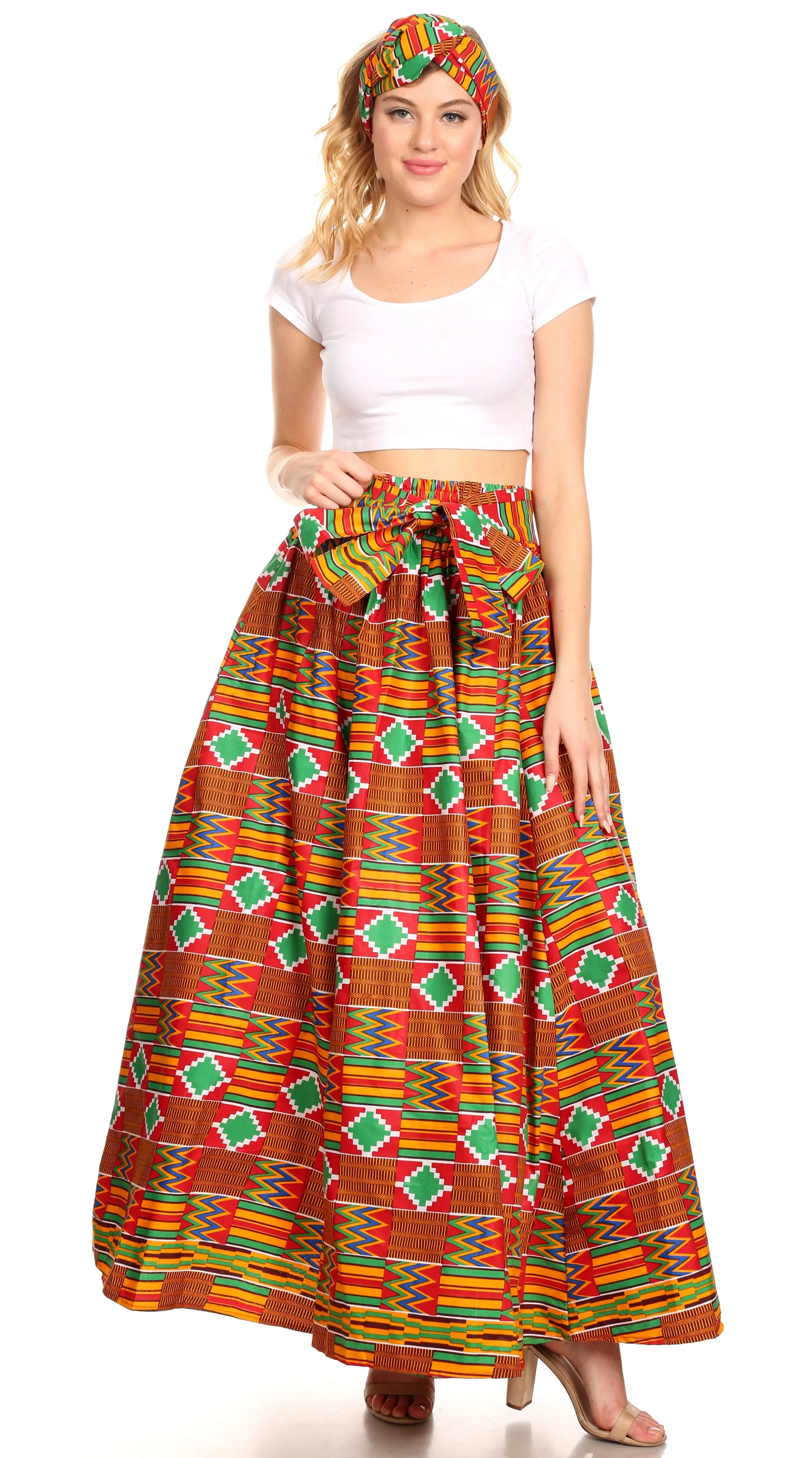 Sakkas Ami Women's Maxi Long African Ankara Print Skirt Pockets & Elastic Waist