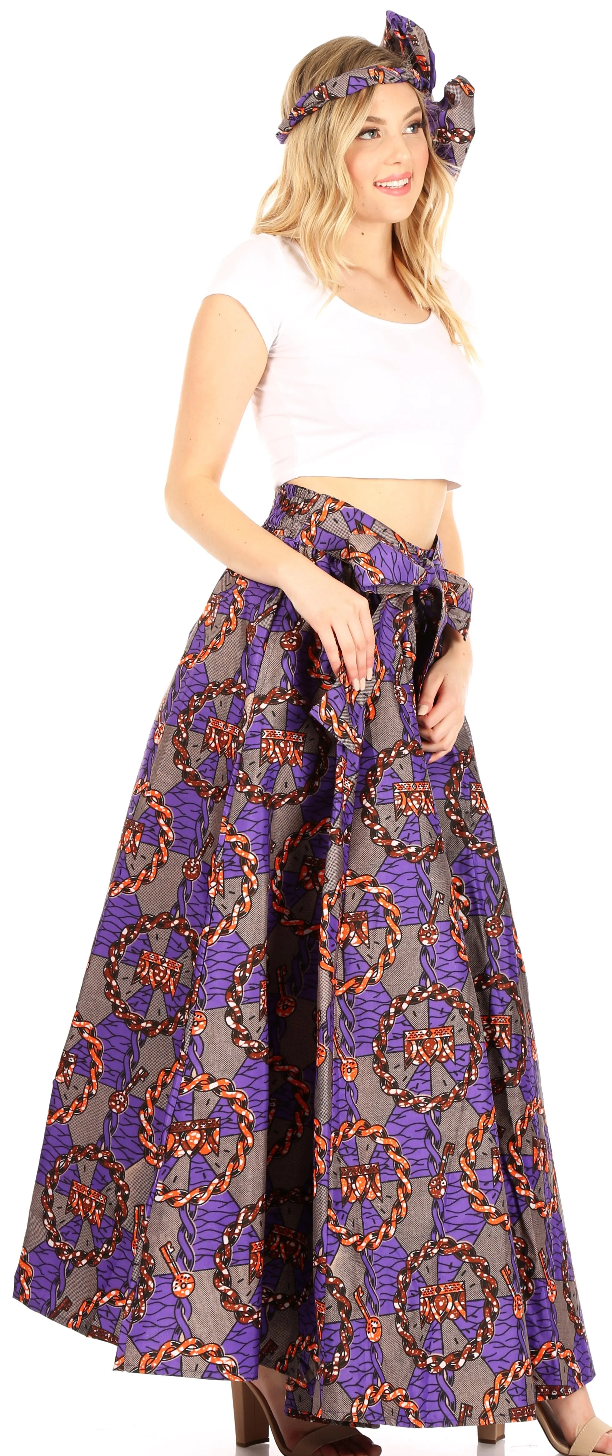 Sakkas Ami Women's Maxi Long African Ankara Print Skirt Pockets & Elastic Waist