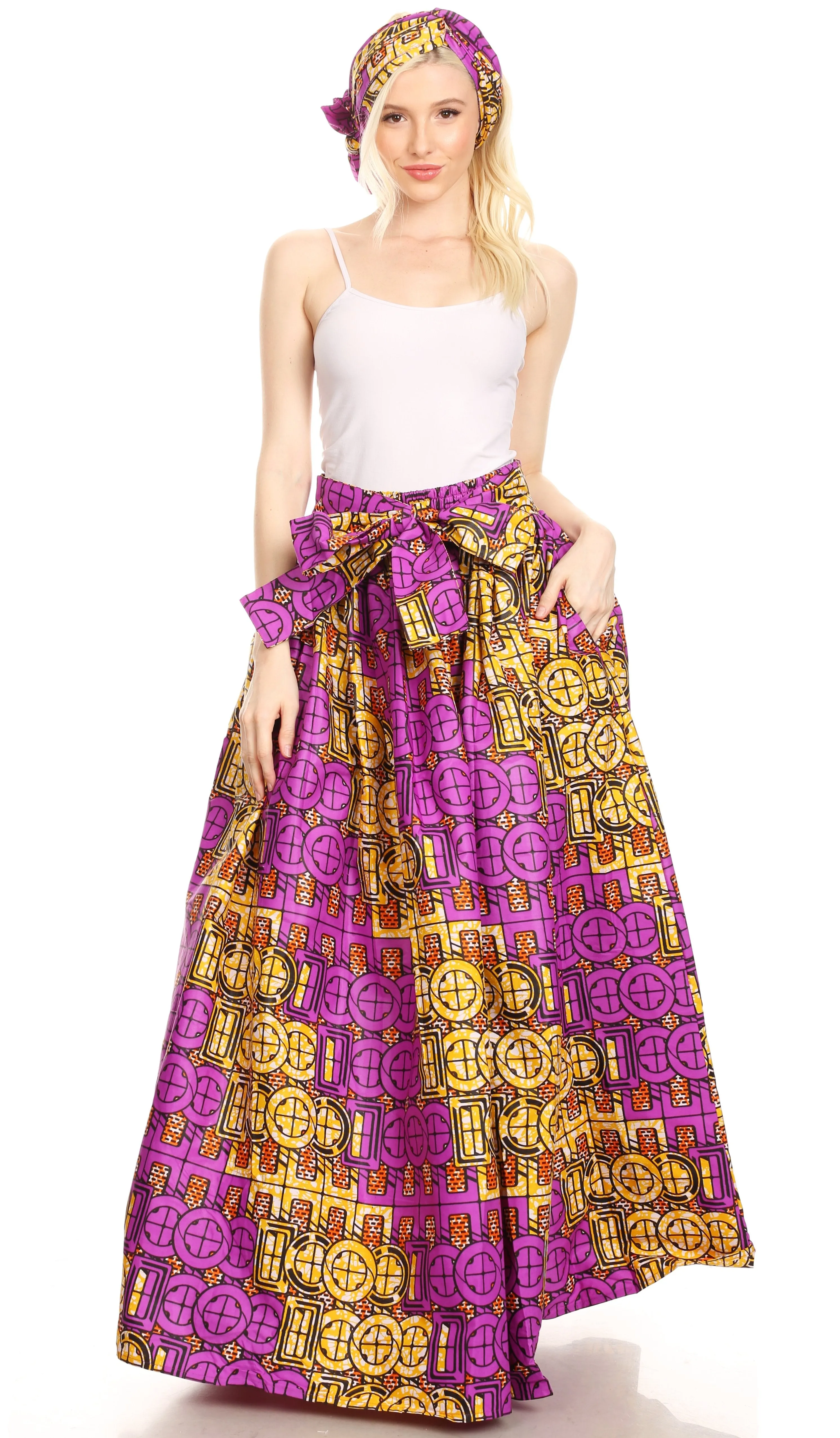 Sakkas Ami Women's Maxi Long African Ankara Print Skirt Pockets & Elastic Waist