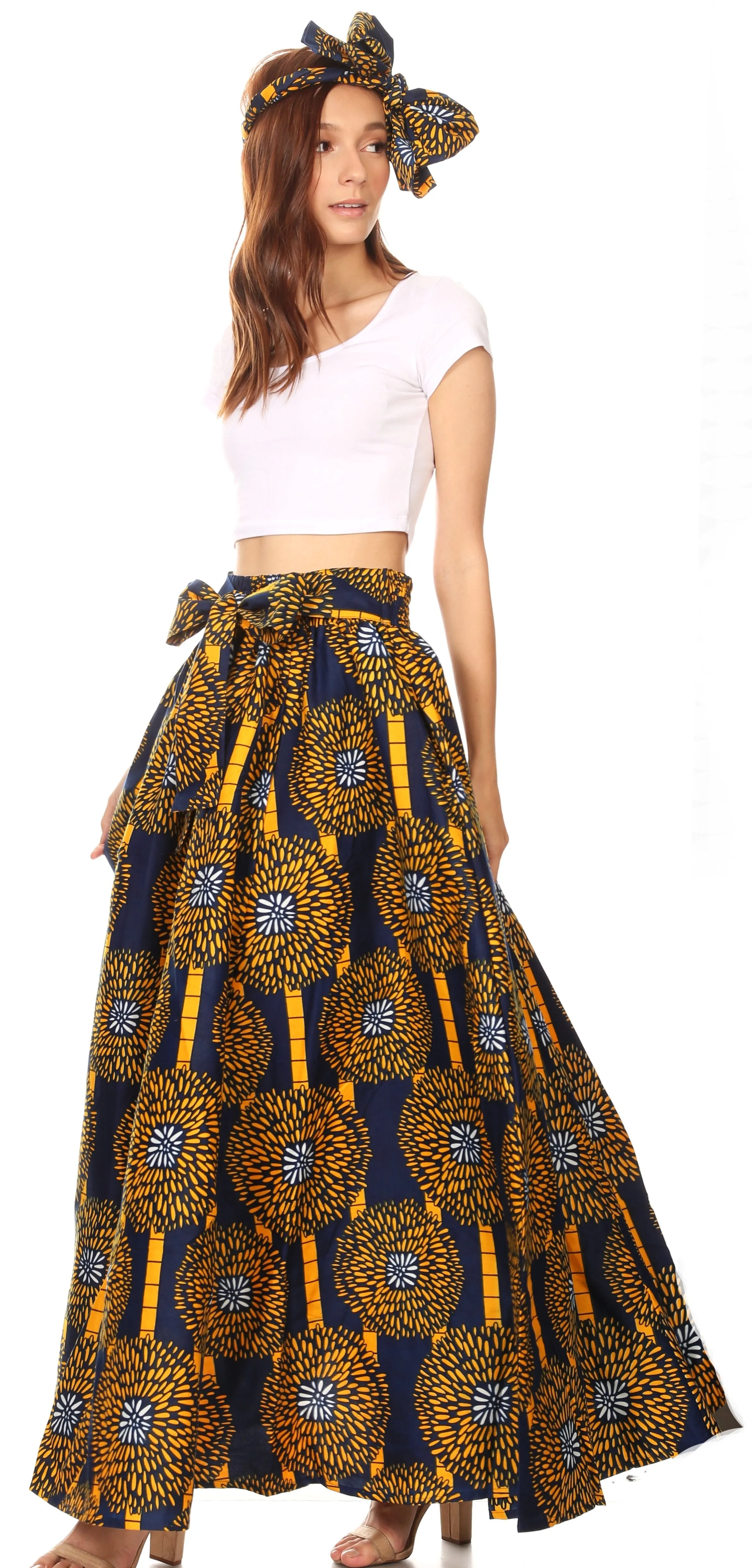 Sakkas Ami Women's Maxi Long African Ankara Print Skirt Pockets & Elastic Waist