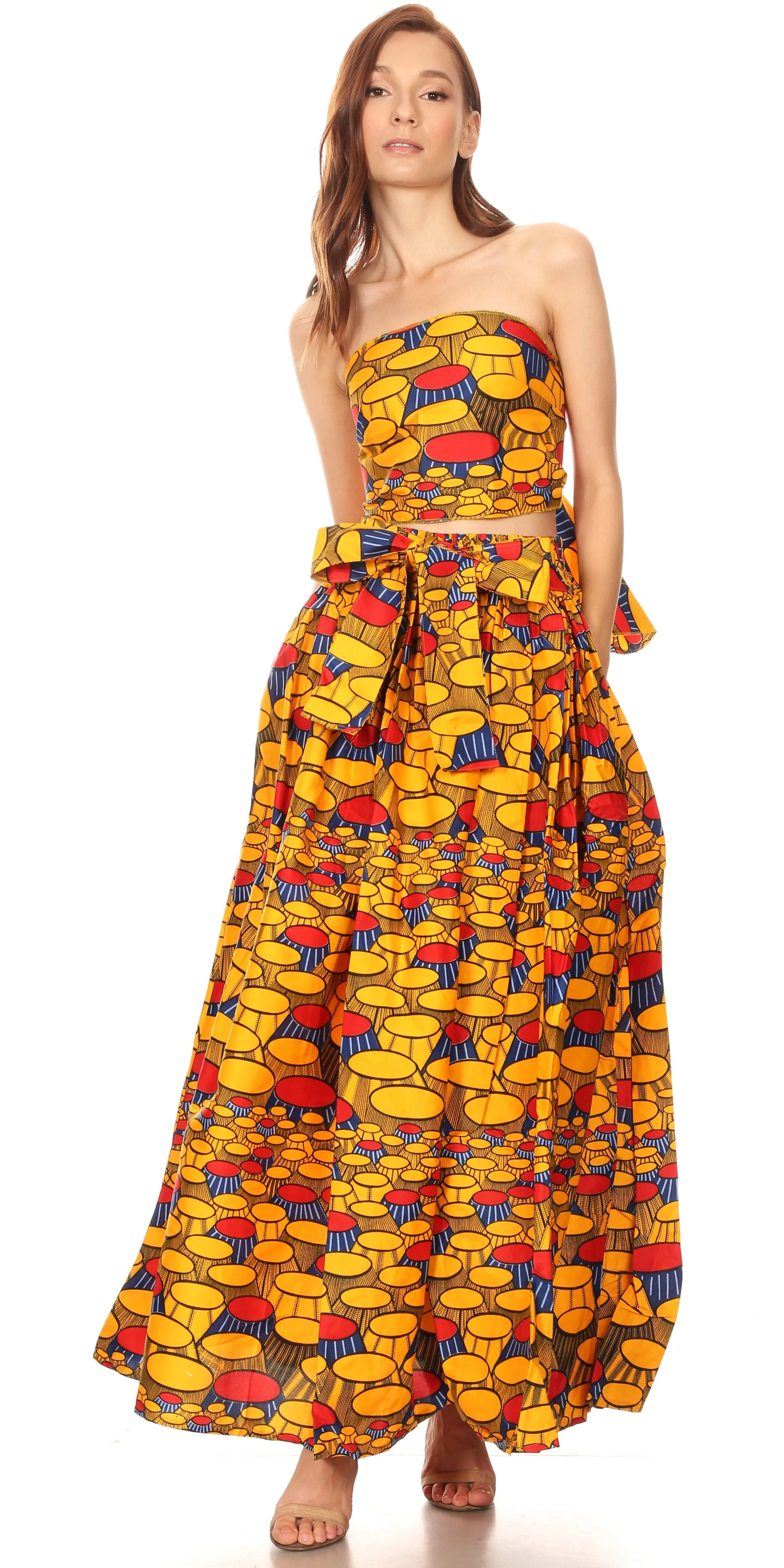 Sakkas Ami Women's Maxi Long African Ankara Print Skirt Pockets & Elastic Waist