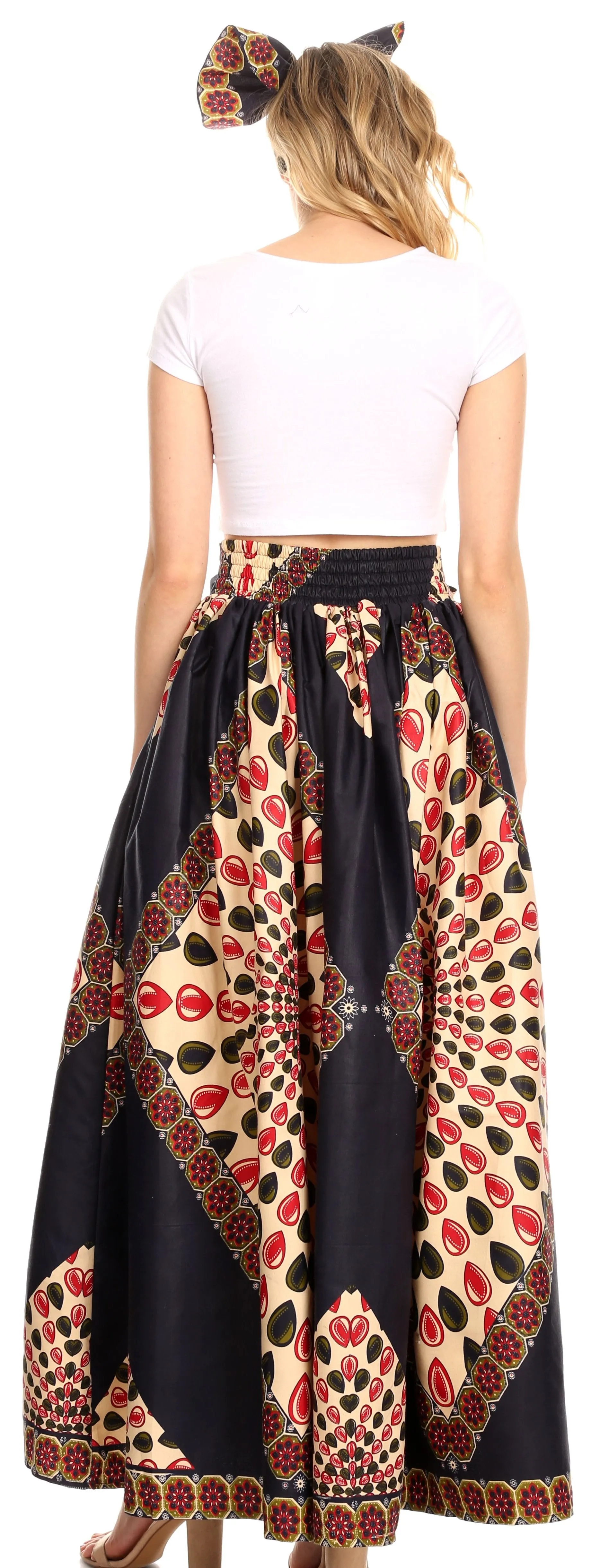 Sakkas Ami Women's Maxi Long African Ankara Print Skirt Pockets & Elastic Waist