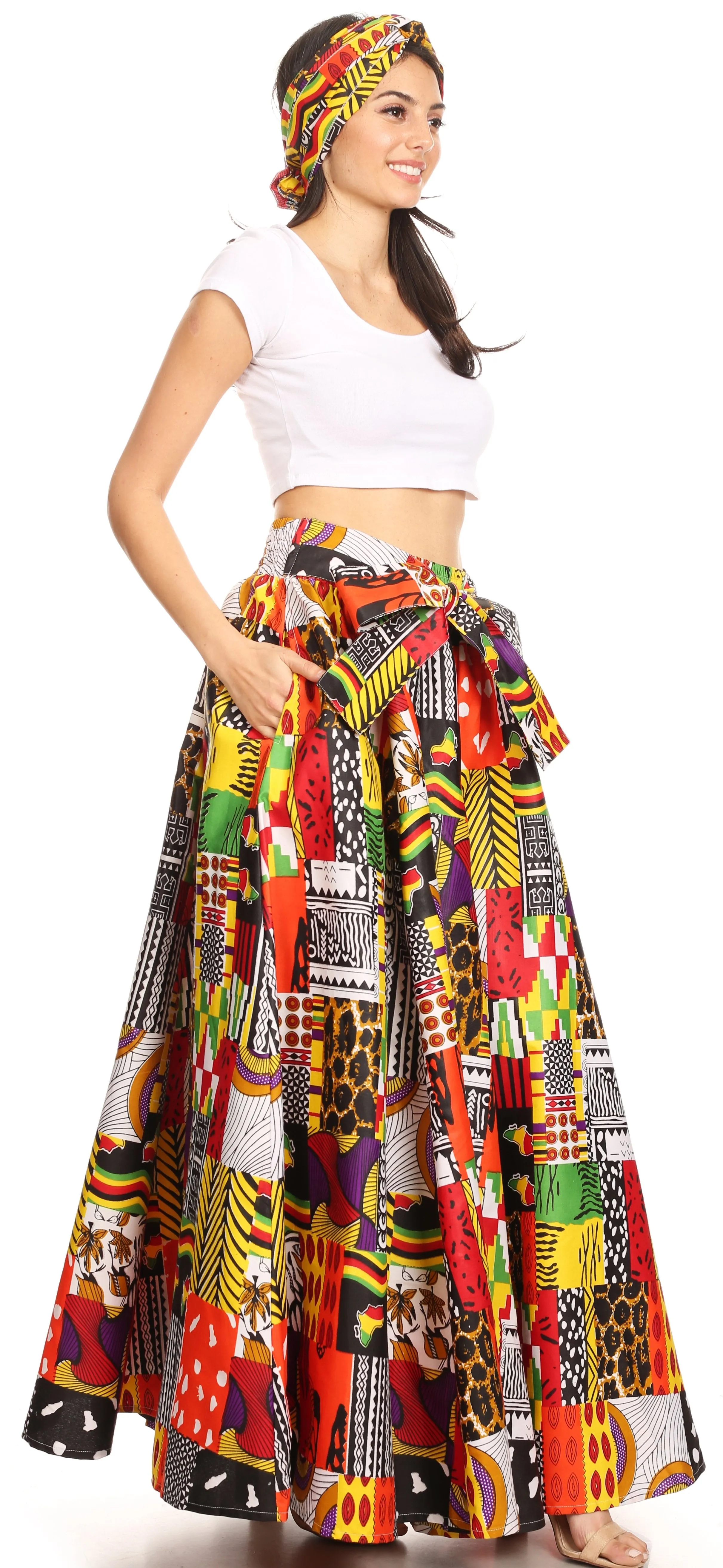 Sakkas Ami Women's Maxi Long African Ankara Print Skirt Pockets & Elastic Waist