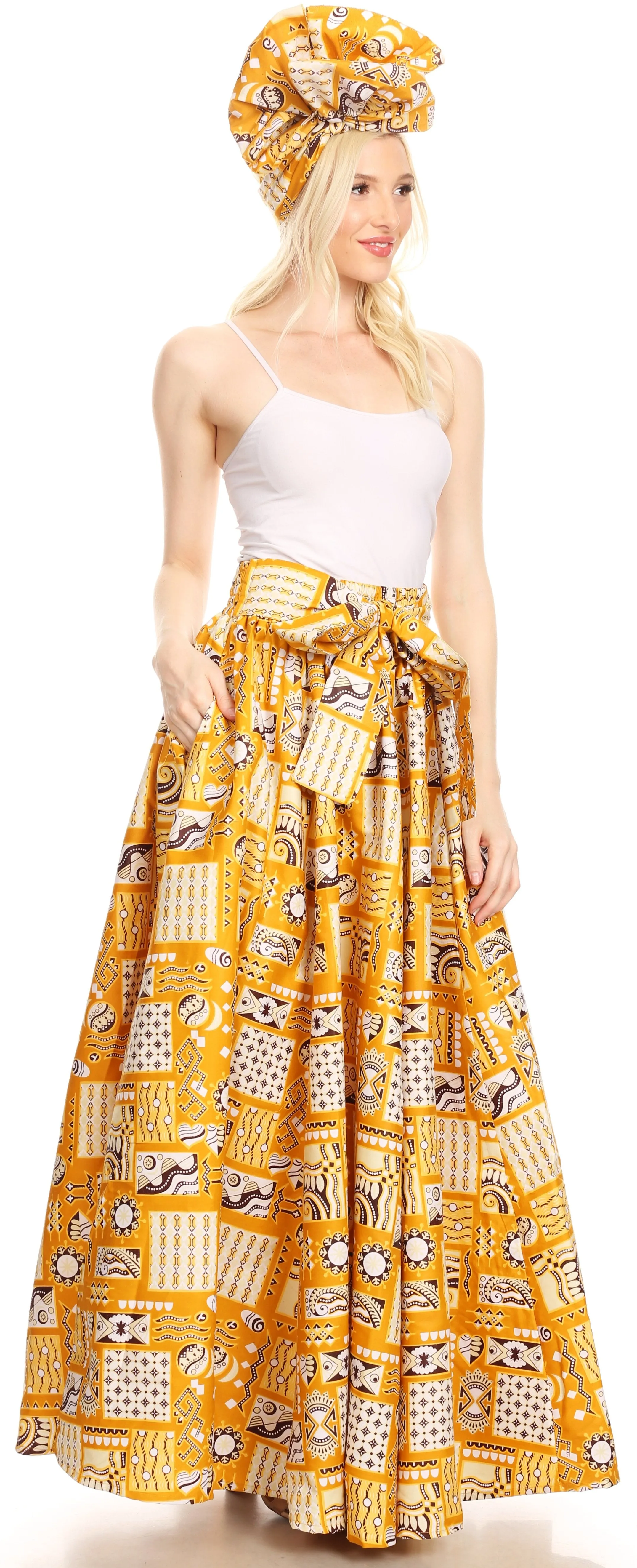 Sakkas Ami Women's Maxi Long African Ankara Print Skirt Pockets & Elastic Waist