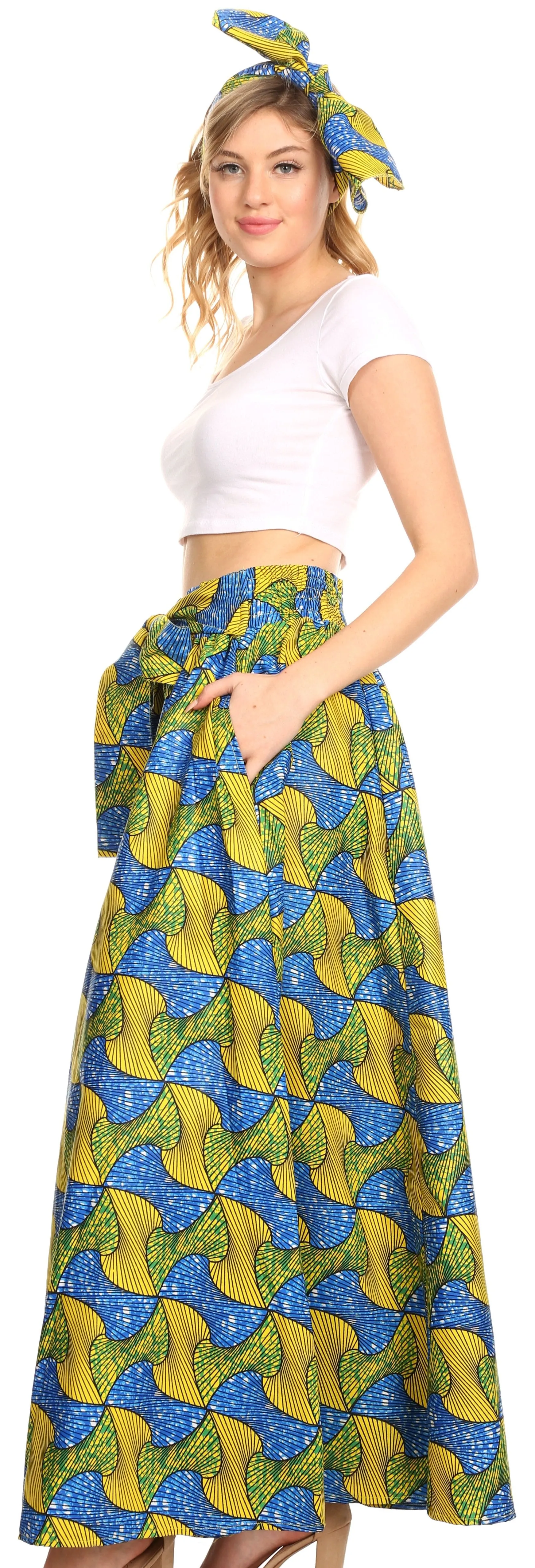 Sakkas Ami Women's Maxi Long African Ankara Print Skirt Pockets & Elastic Waist