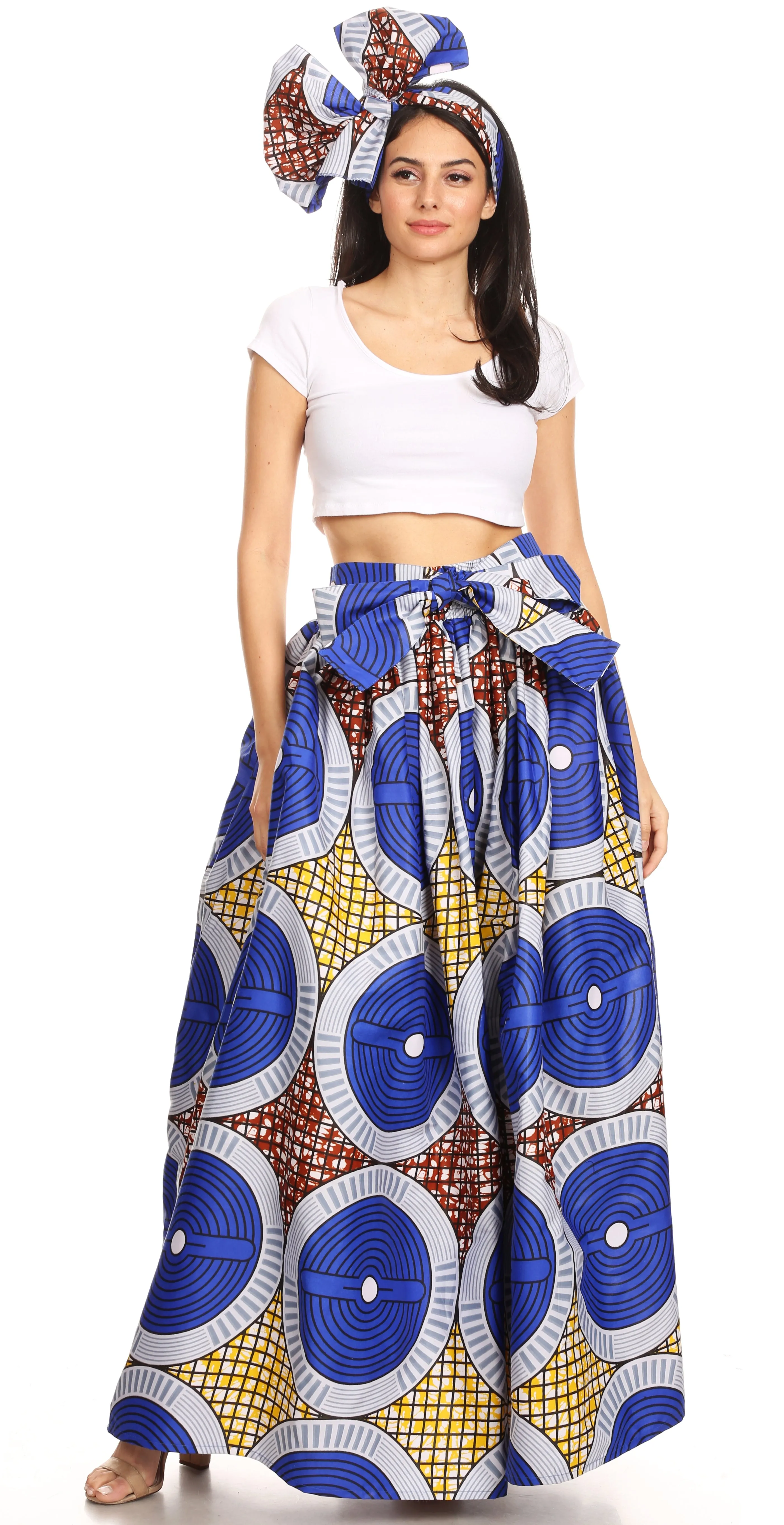 Sakkas Ami Women's Maxi Long African Ankara Print Skirt Pockets & Elastic Waist