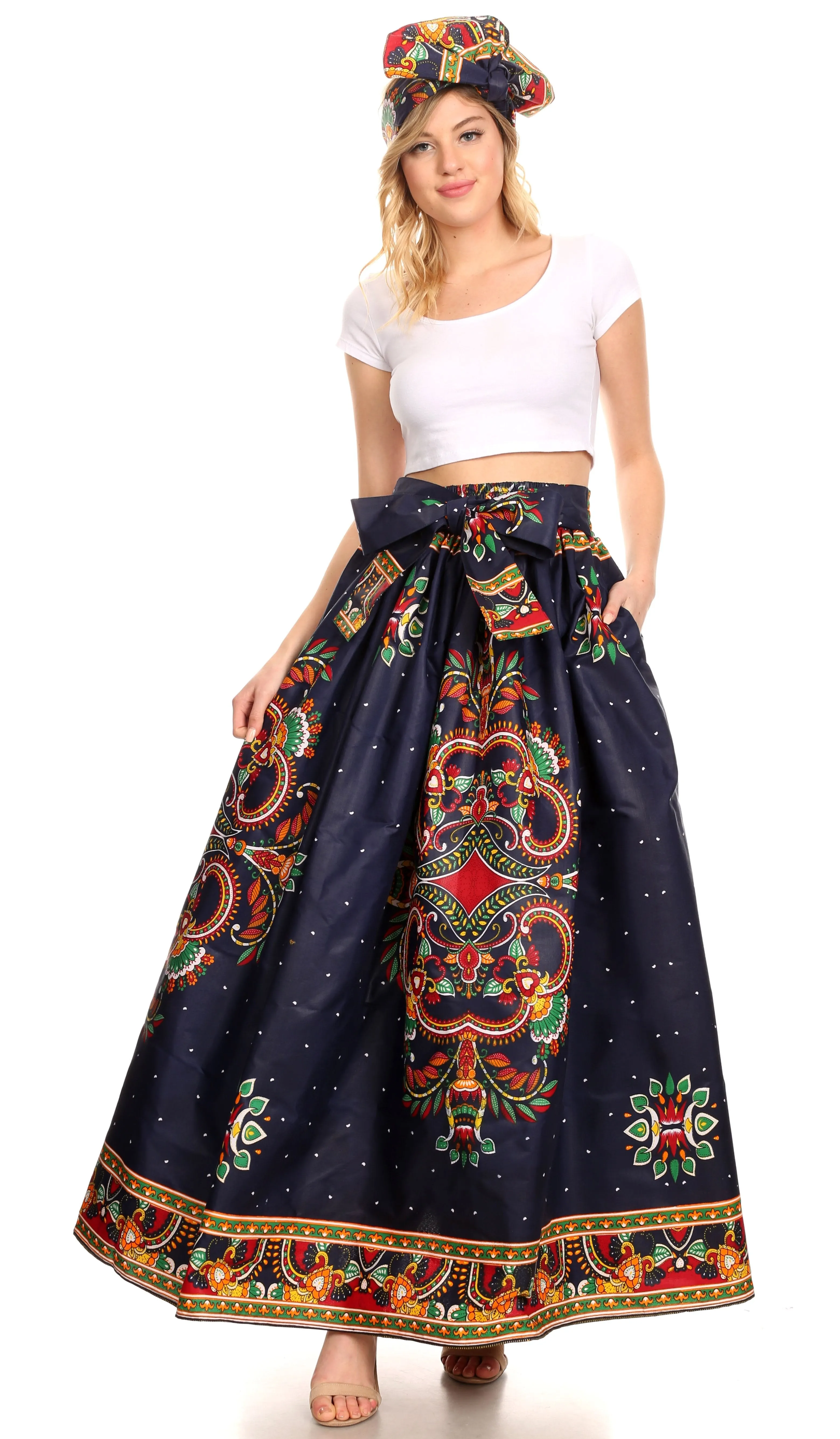 Sakkas Ami Women's Maxi Long African Ankara Print Skirt Pockets & Elastic Waist