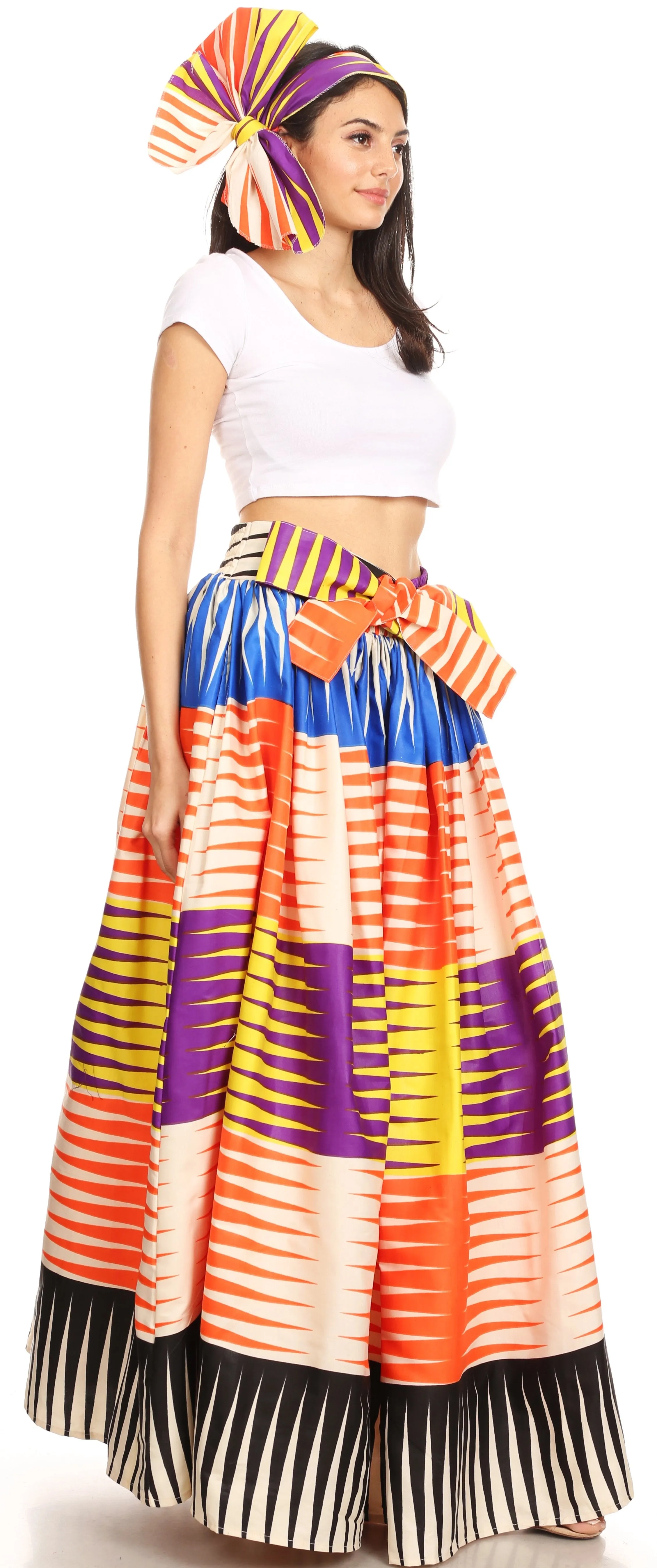 Sakkas Ami Women's Maxi Long African Ankara Print Skirt Pockets & Elastic Waist