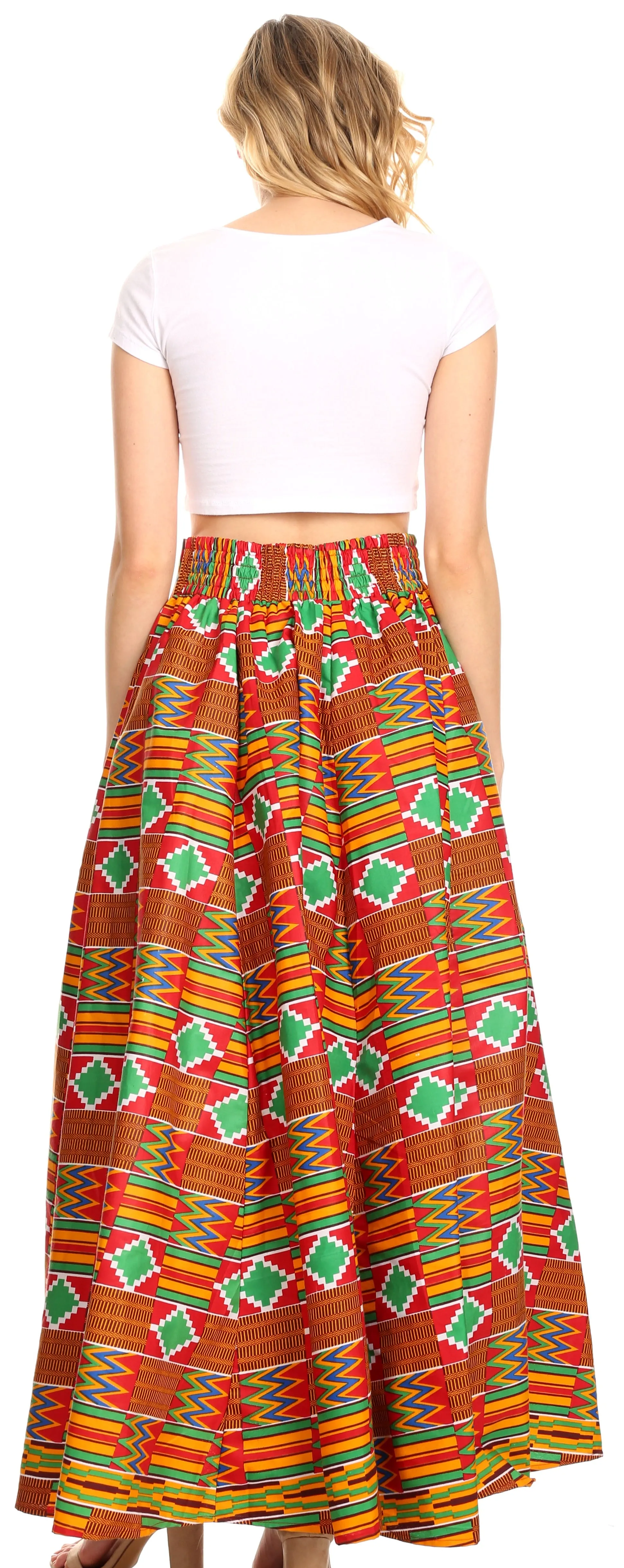 Sakkas Ami Women's Maxi Long African Ankara Print Skirt Pockets & Elastic Waist