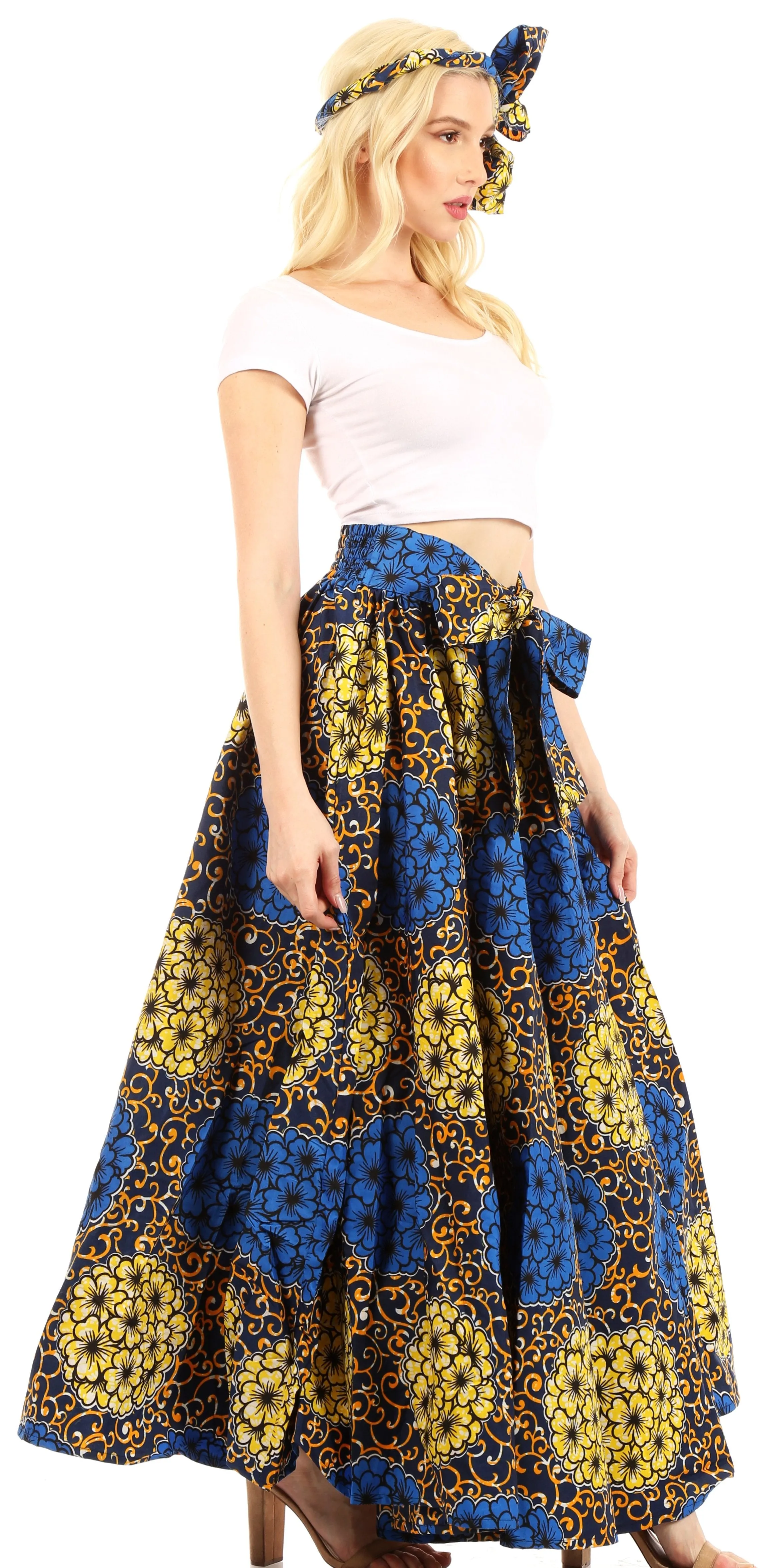 Sakkas Ami Women's Maxi Long African Ankara Print Skirt Pockets & Elastic Waist