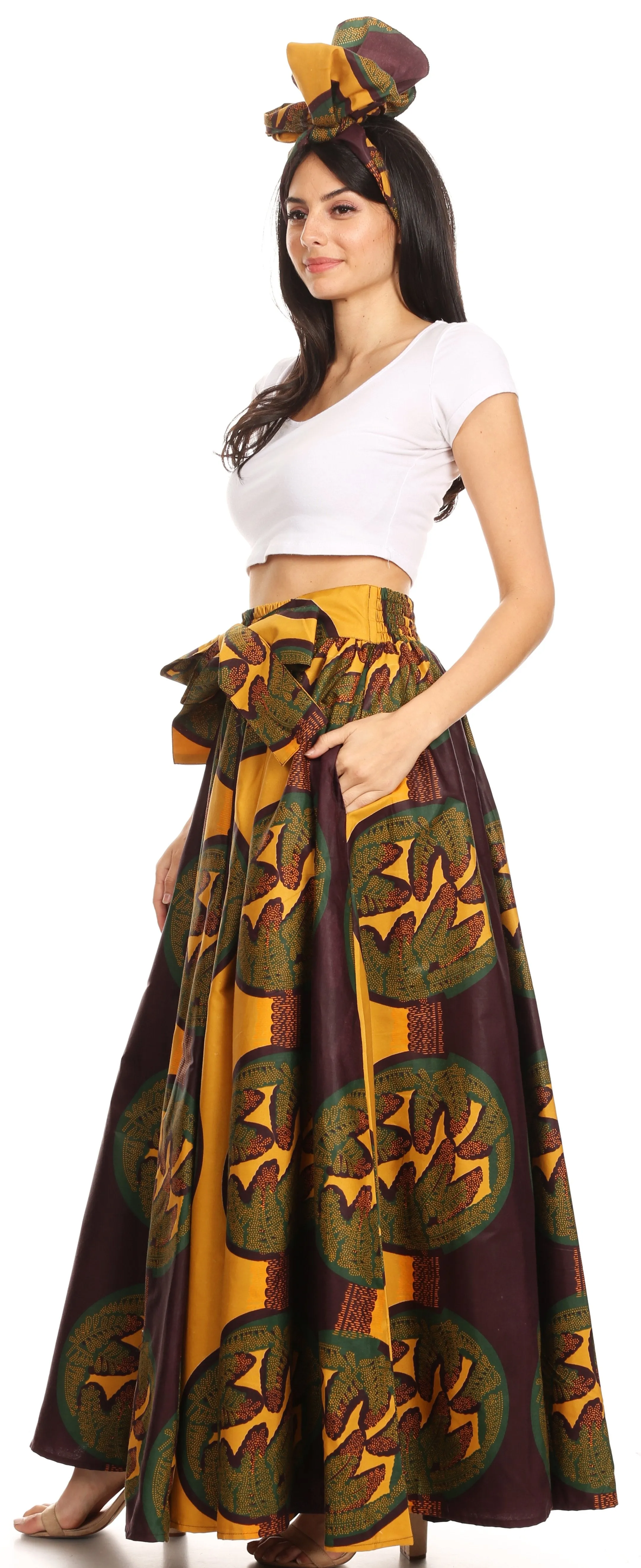 Sakkas Ami Women's Maxi Long African Ankara Print Skirt Pockets & Elastic Waist