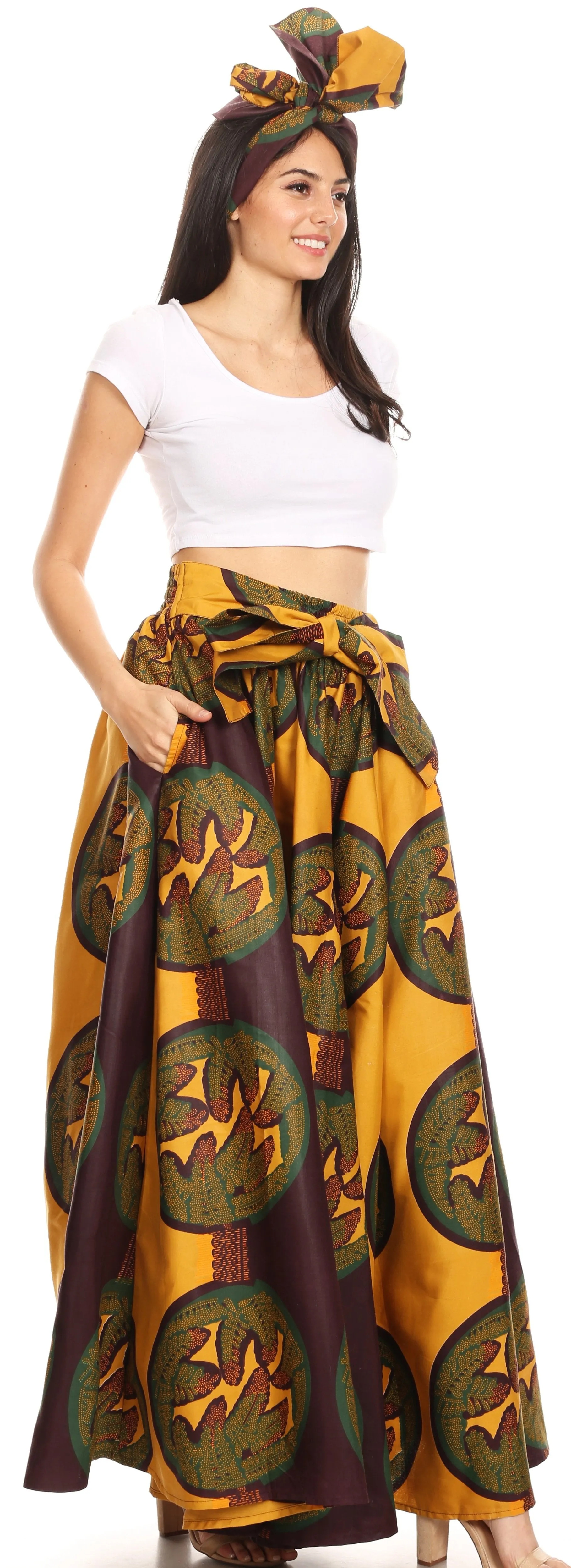 Sakkas Ami Women's Maxi Long African Ankara Print Skirt Pockets & Elastic Waist