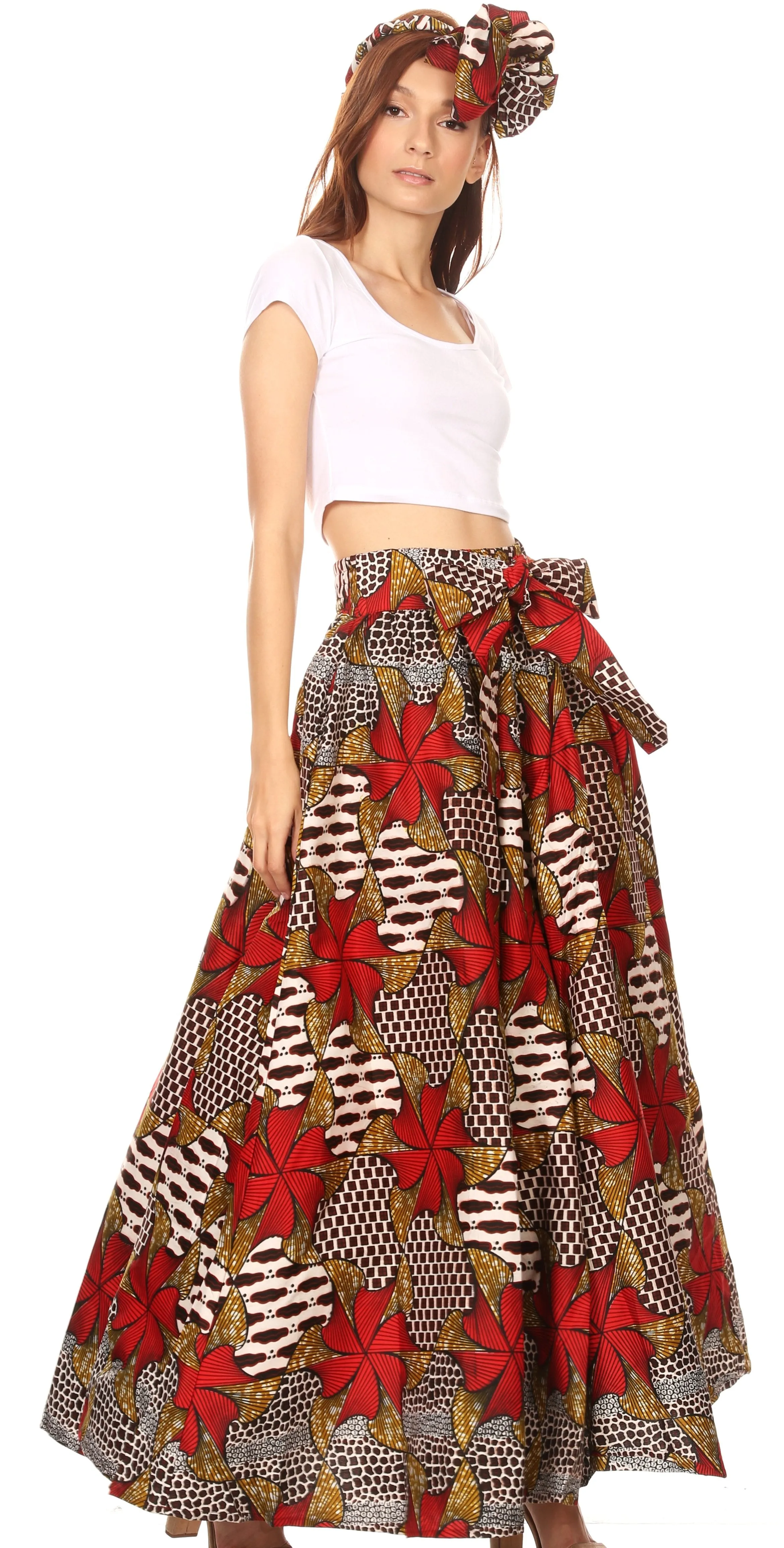 Sakkas Ami Women's Maxi Long African Ankara Print Skirt Pockets & Elastic Waist