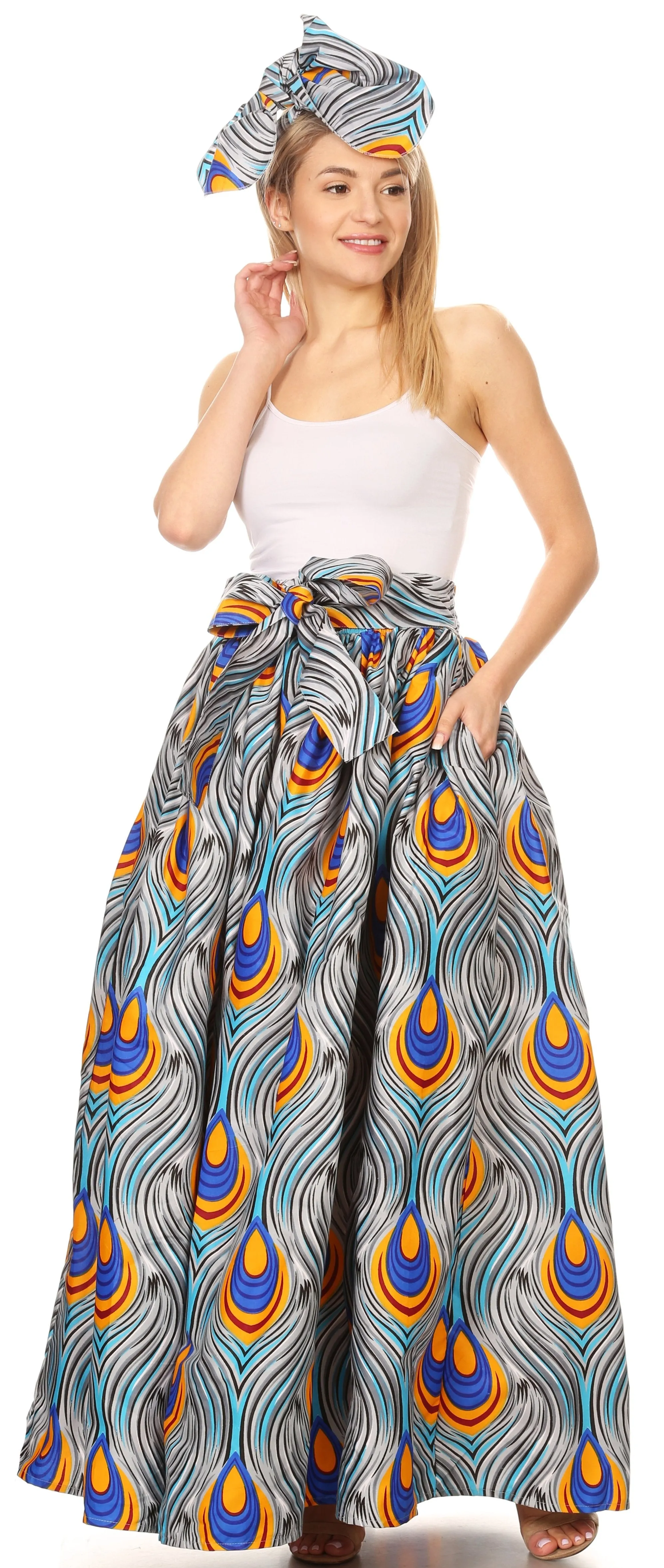 Sakkas Ami Women's Maxi Long African Ankara Print Skirt Pockets & Elastic Waist