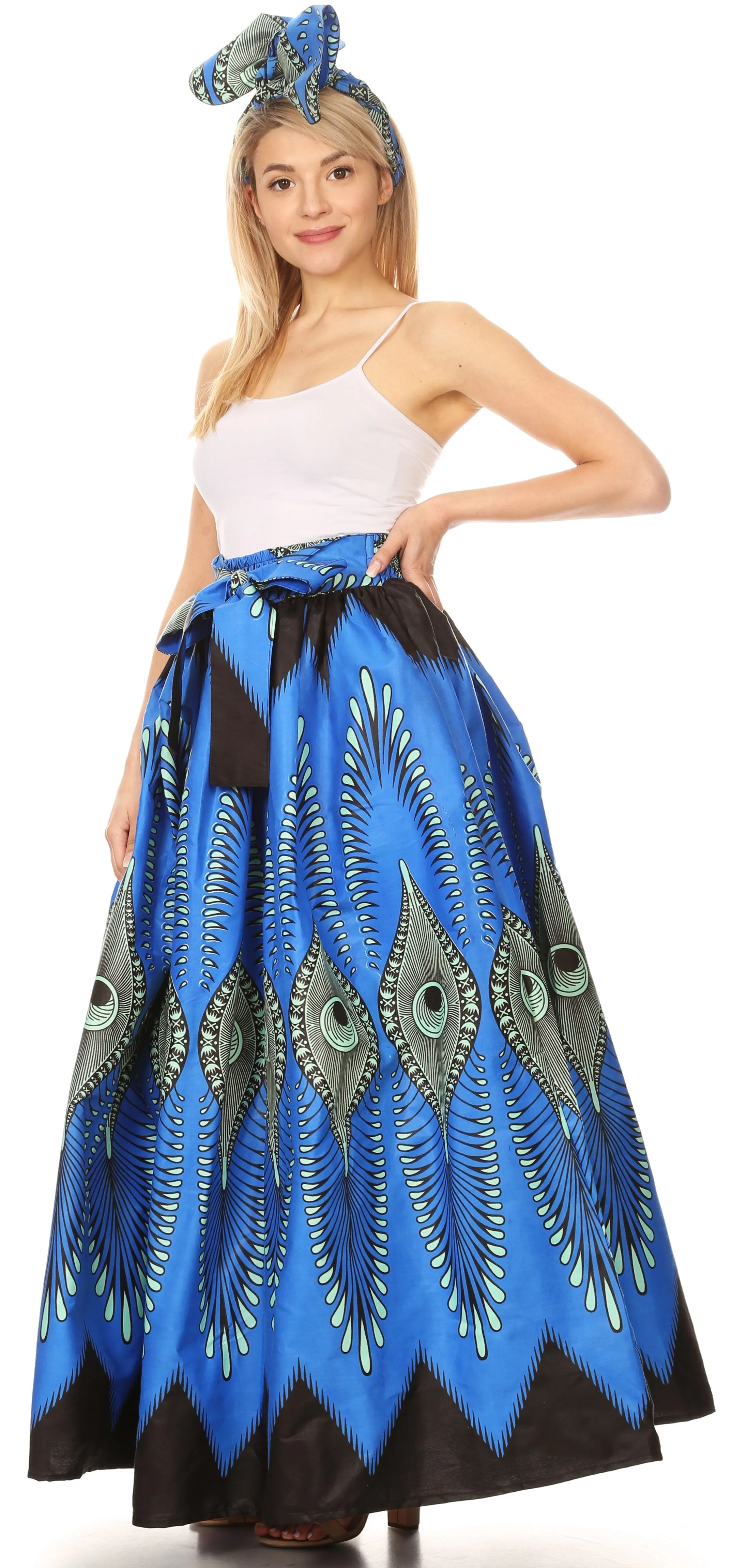 Sakkas Ami Women's Maxi Long African Ankara Print Skirt Pockets & Elastic Waist