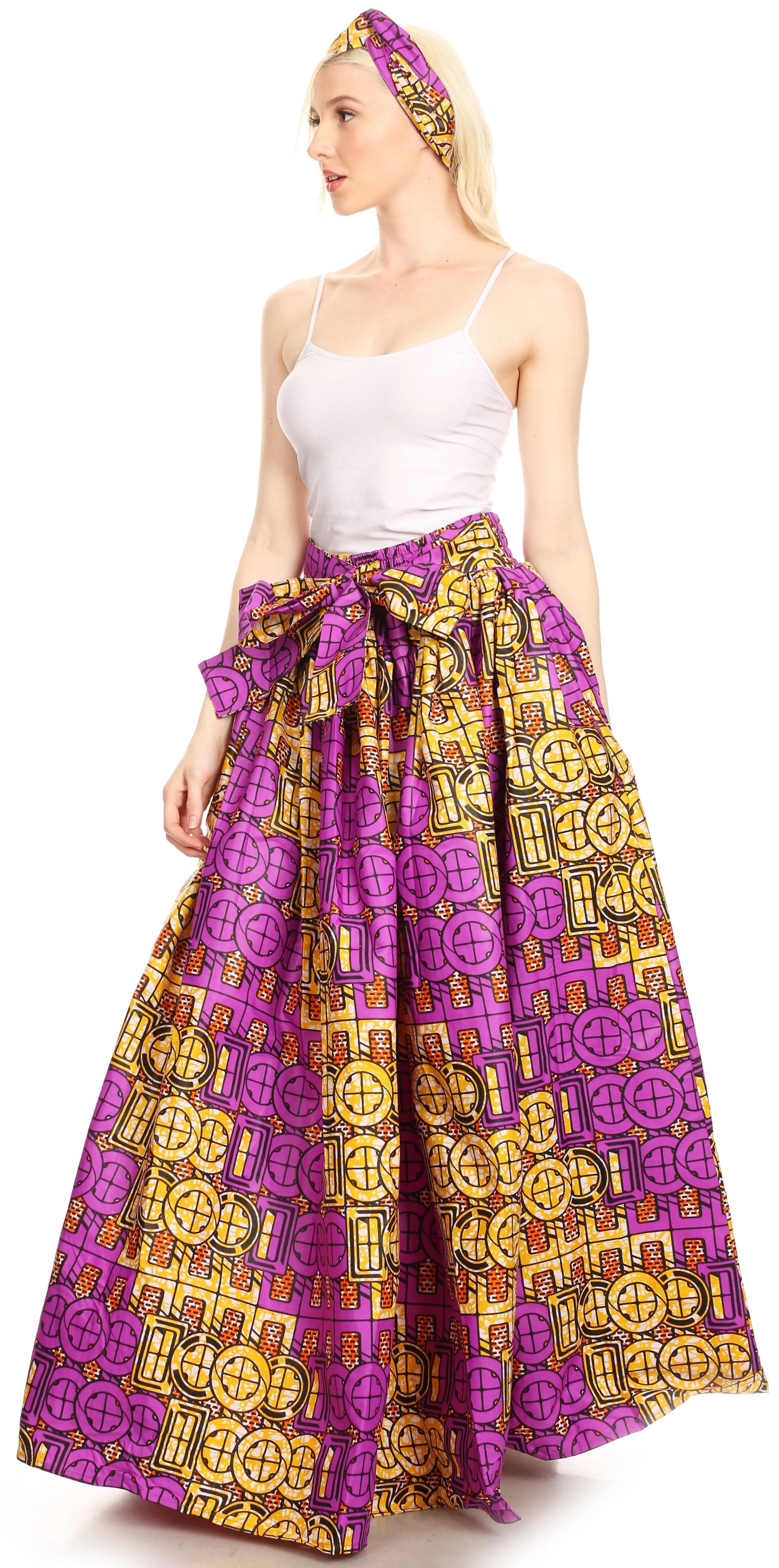 Sakkas Ami Women's Maxi Long African Ankara Print Skirt Pockets & Elastic Waist