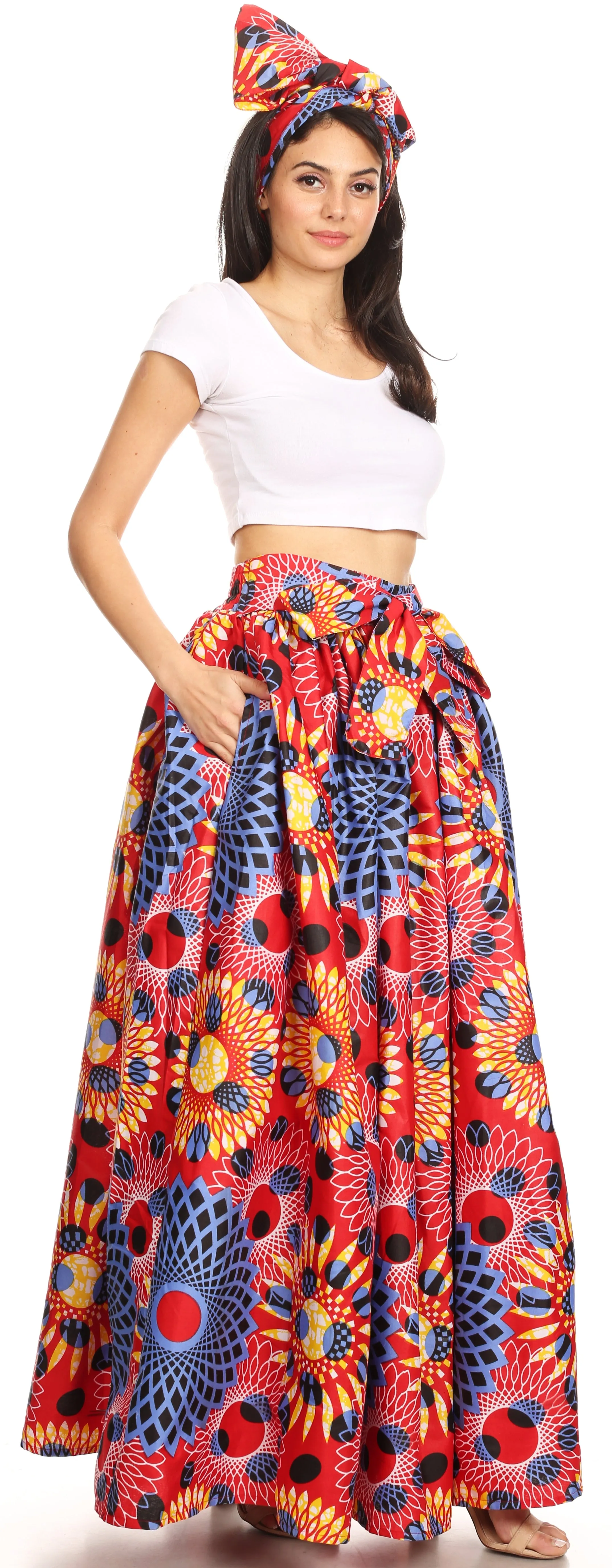 Sakkas Ami Women's Maxi Long African Ankara Print Skirt Pockets & Elastic Waist