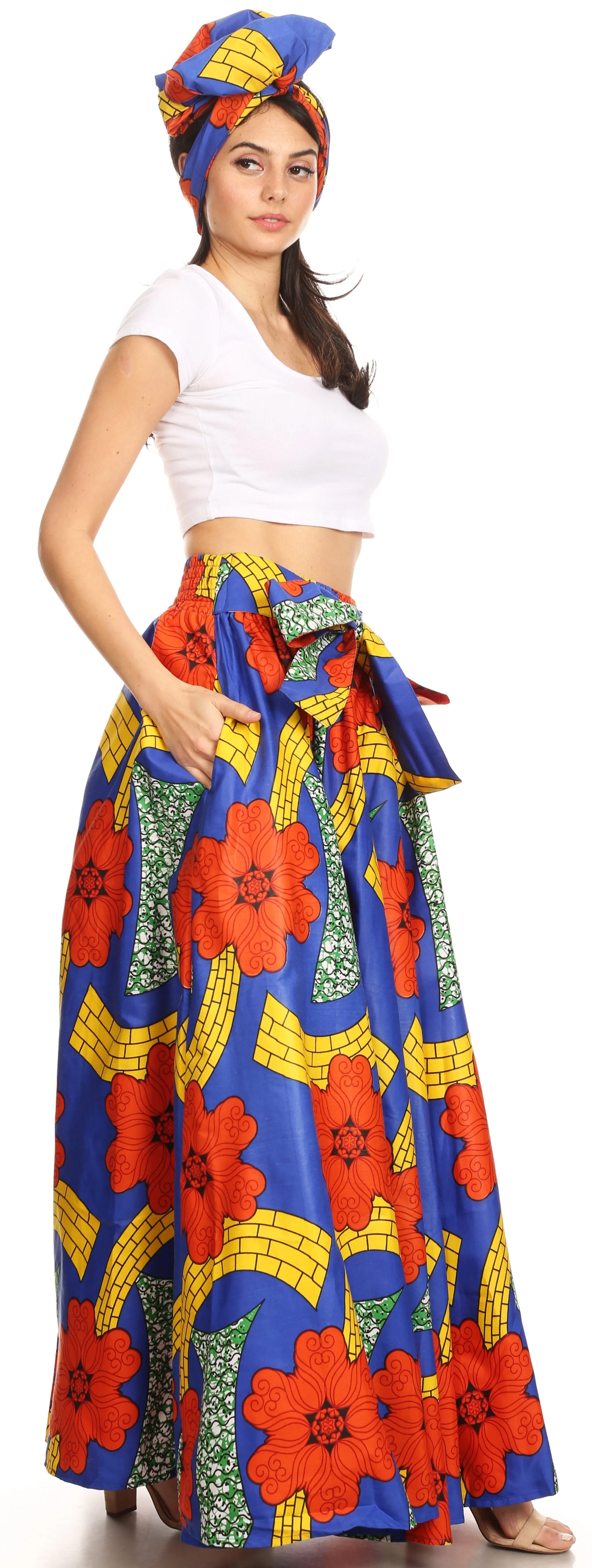 Sakkas Ami Women's Maxi Long African Ankara Print Skirt Pockets & Elastic Waist