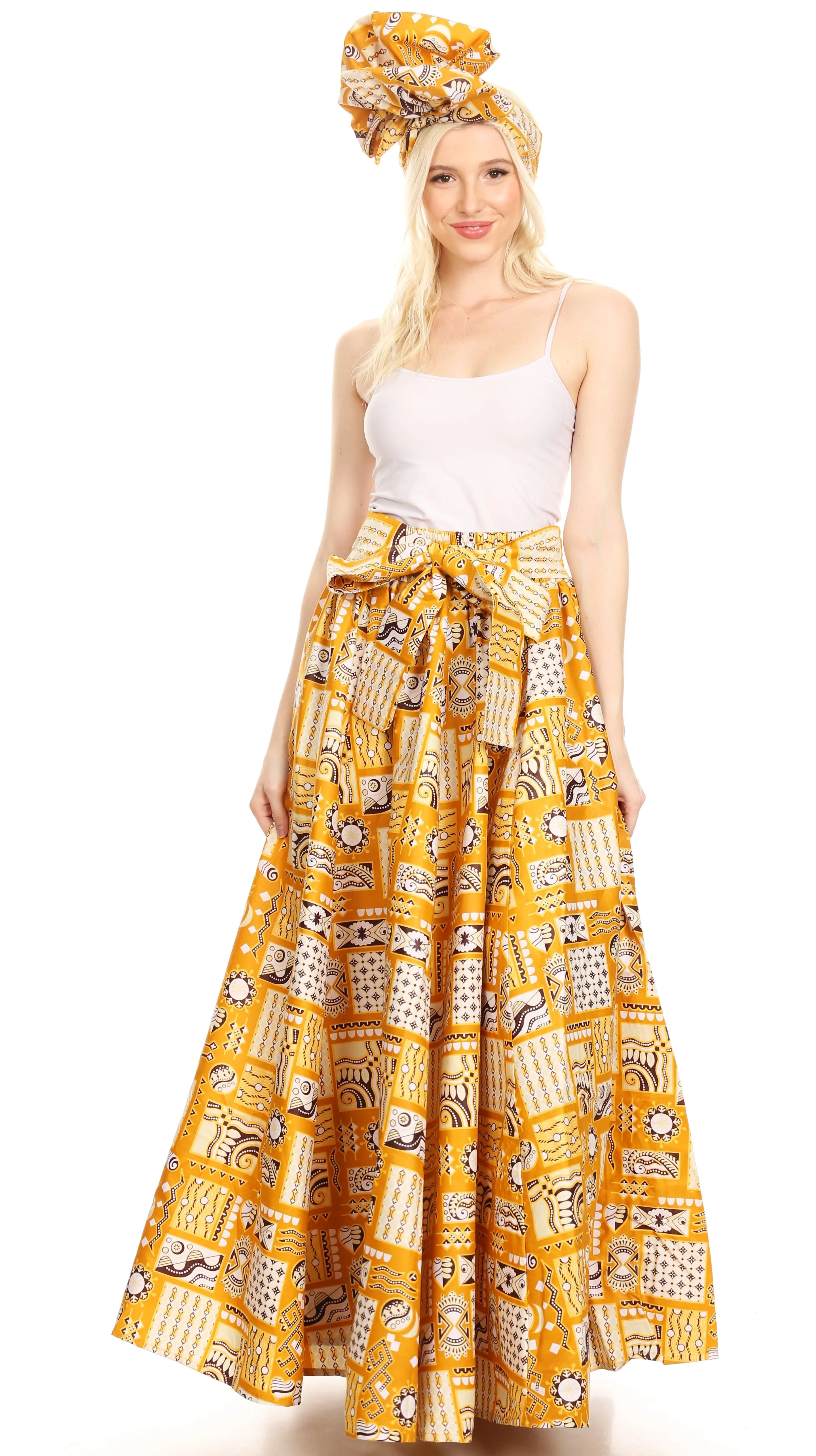 Sakkas Ami Women's Maxi Long African Ankara Print Skirt Pockets & Elastic Waist