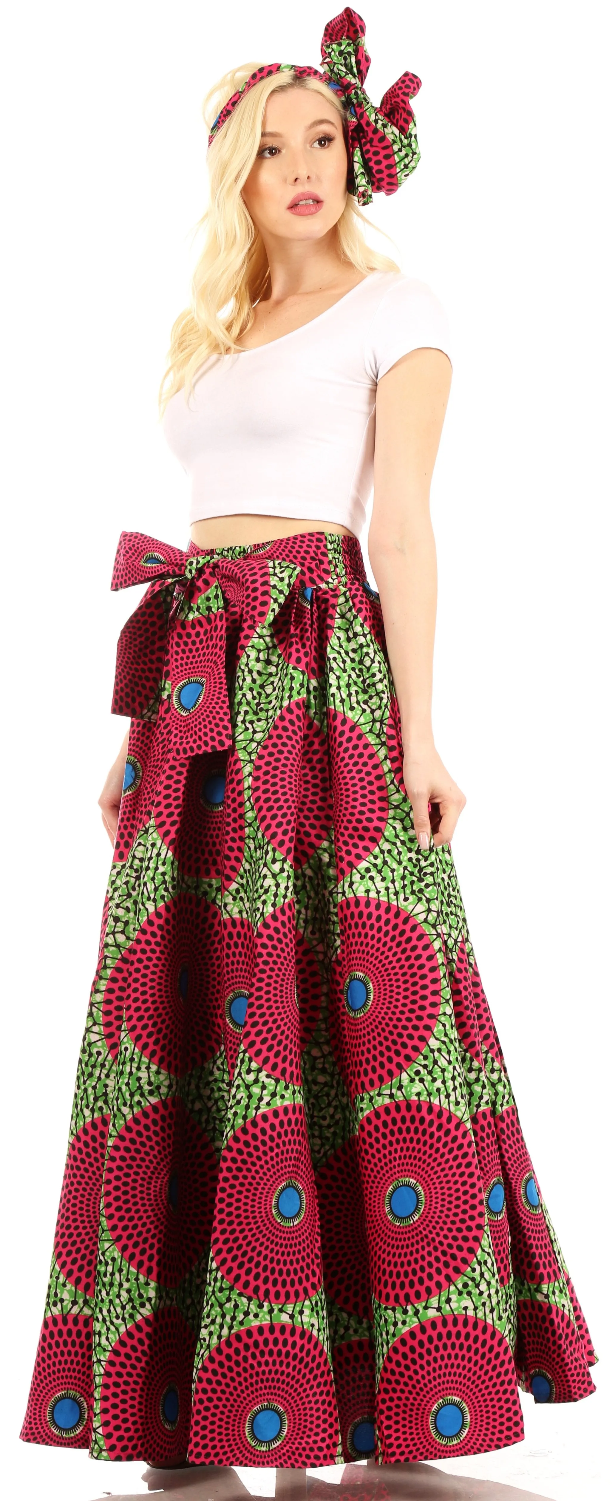 Sakkas Ami Women's Maxi Long African Ankara Print Skirt Pockets & Elastic Waist