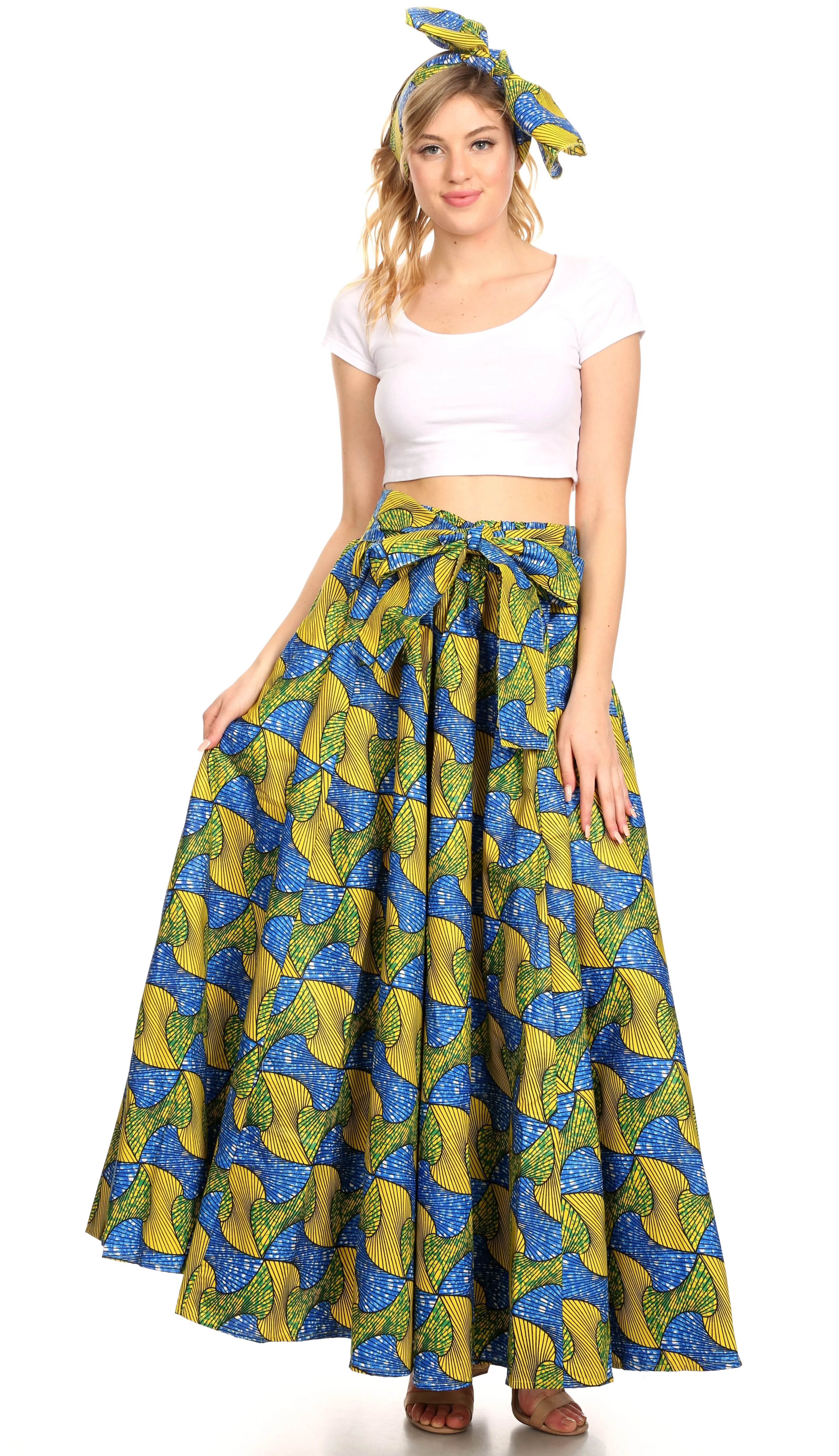 Sakkas Ami Women's Maxi Long African Ankara Print Skirt Pockets & Elastic Waist