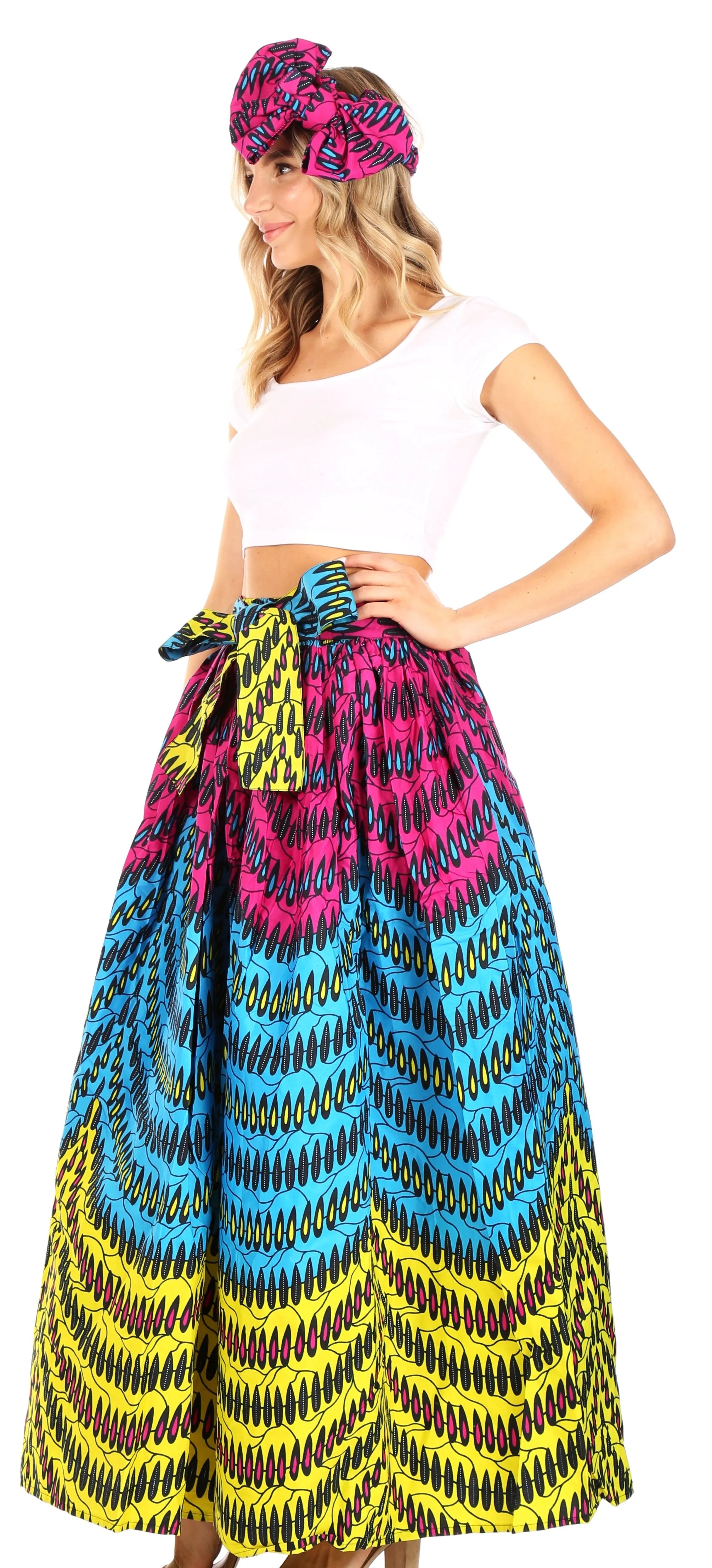 Sakkas Ami Women's Maxi Long African Ankara Print Skirt Pockets & Elastic Waist