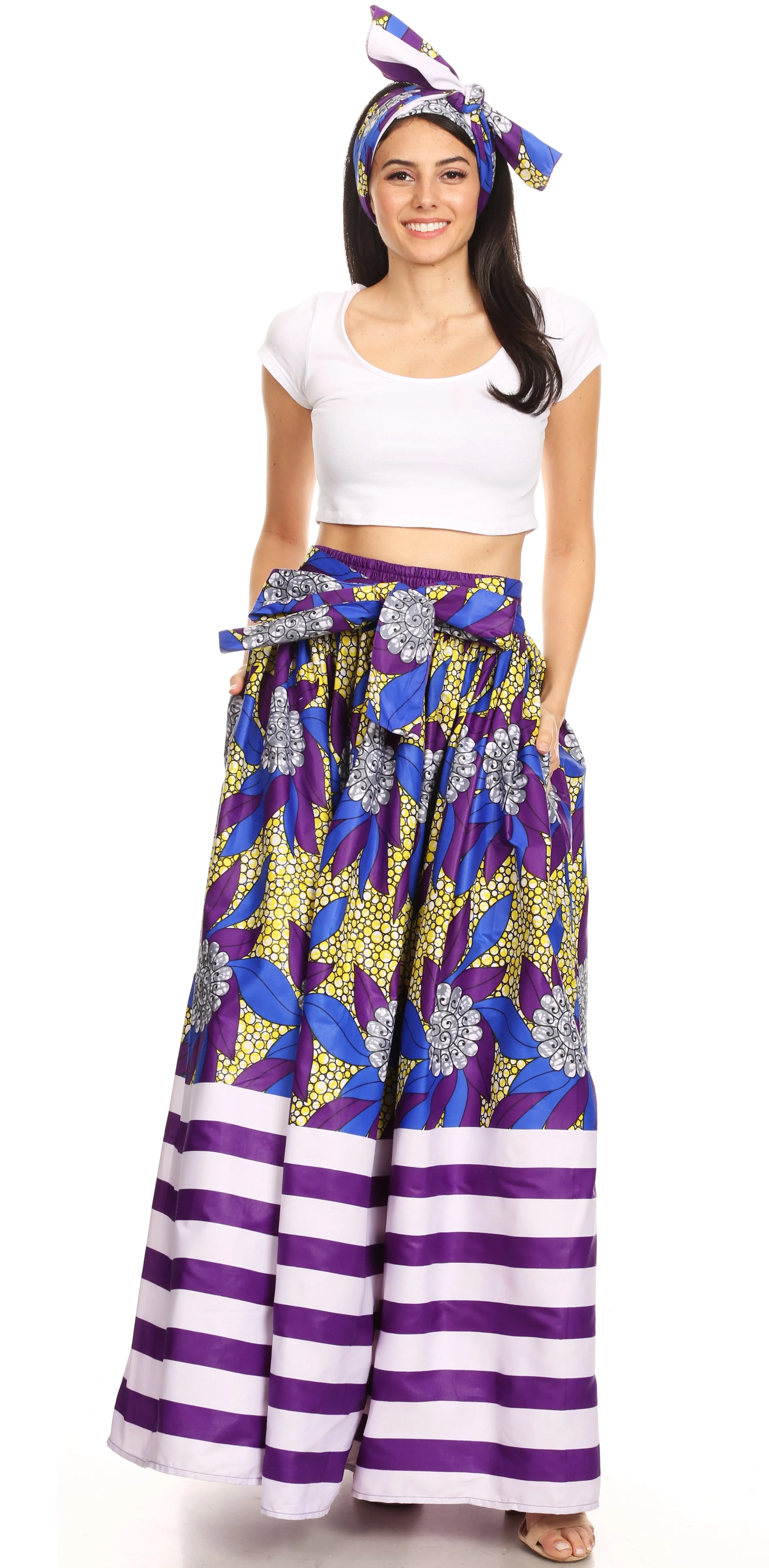 Sakkas Ami Women's Maxi Long African Ankara Print Skirt Pockets & Elastic Waist